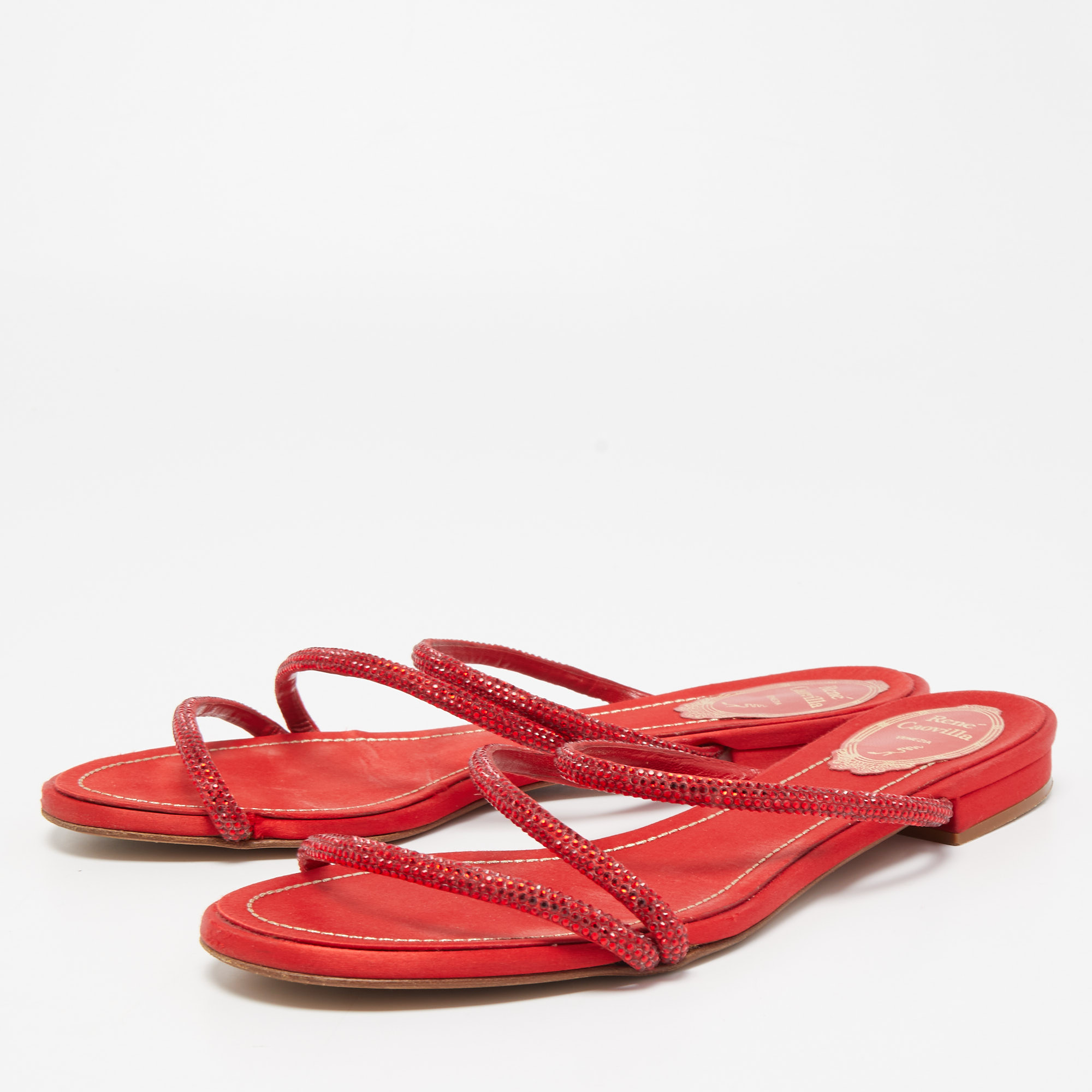 

René Caovilla Red Crystal Embellished Satin Strappy Flats Size