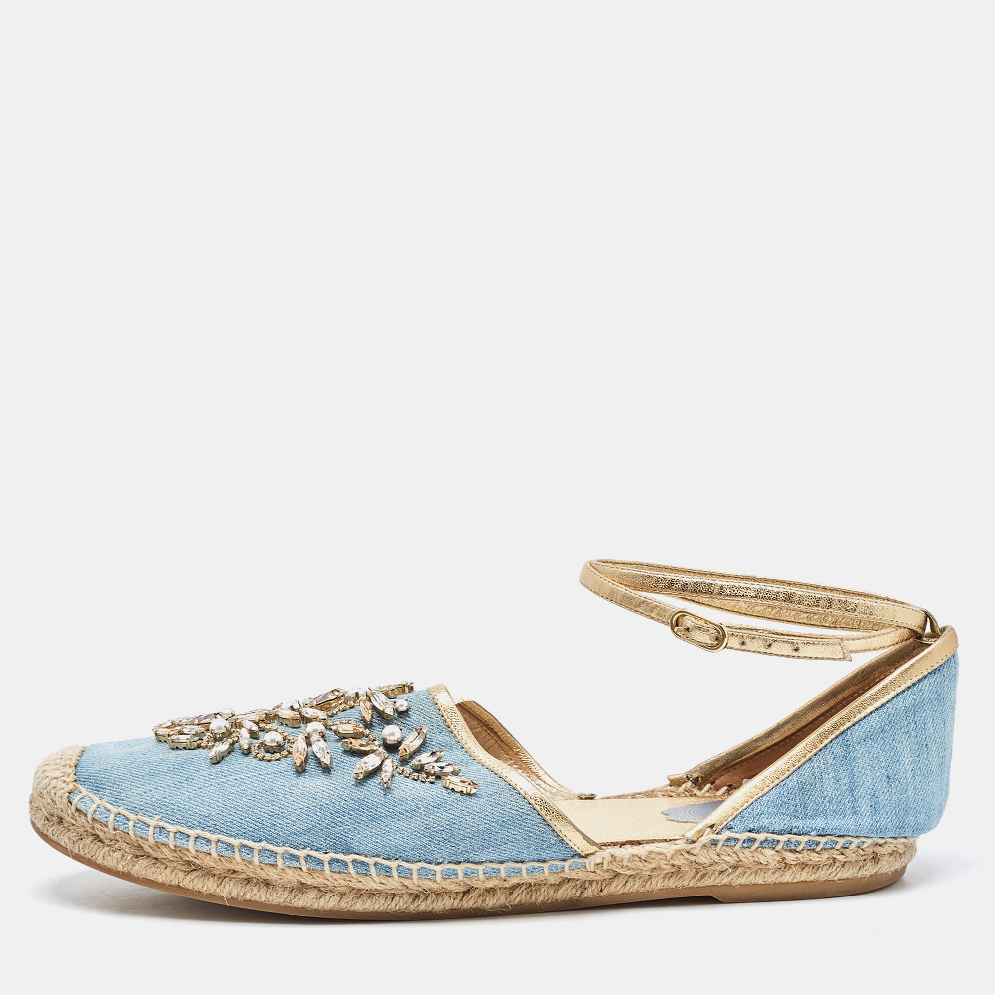 Pre-owned René Caovilla Blue Denim And Leather Trim Crystal Embellished Ankle Wrap Espadrille Flats Size 41