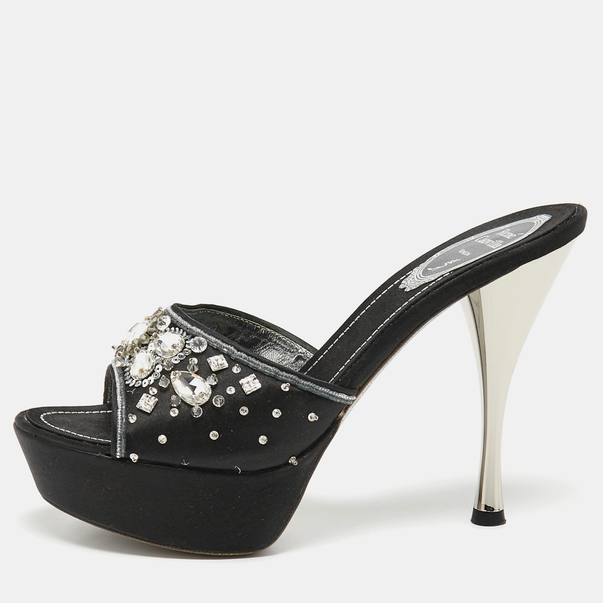 

René Caovilla Black Satin Embellished Slide Sandals Size
