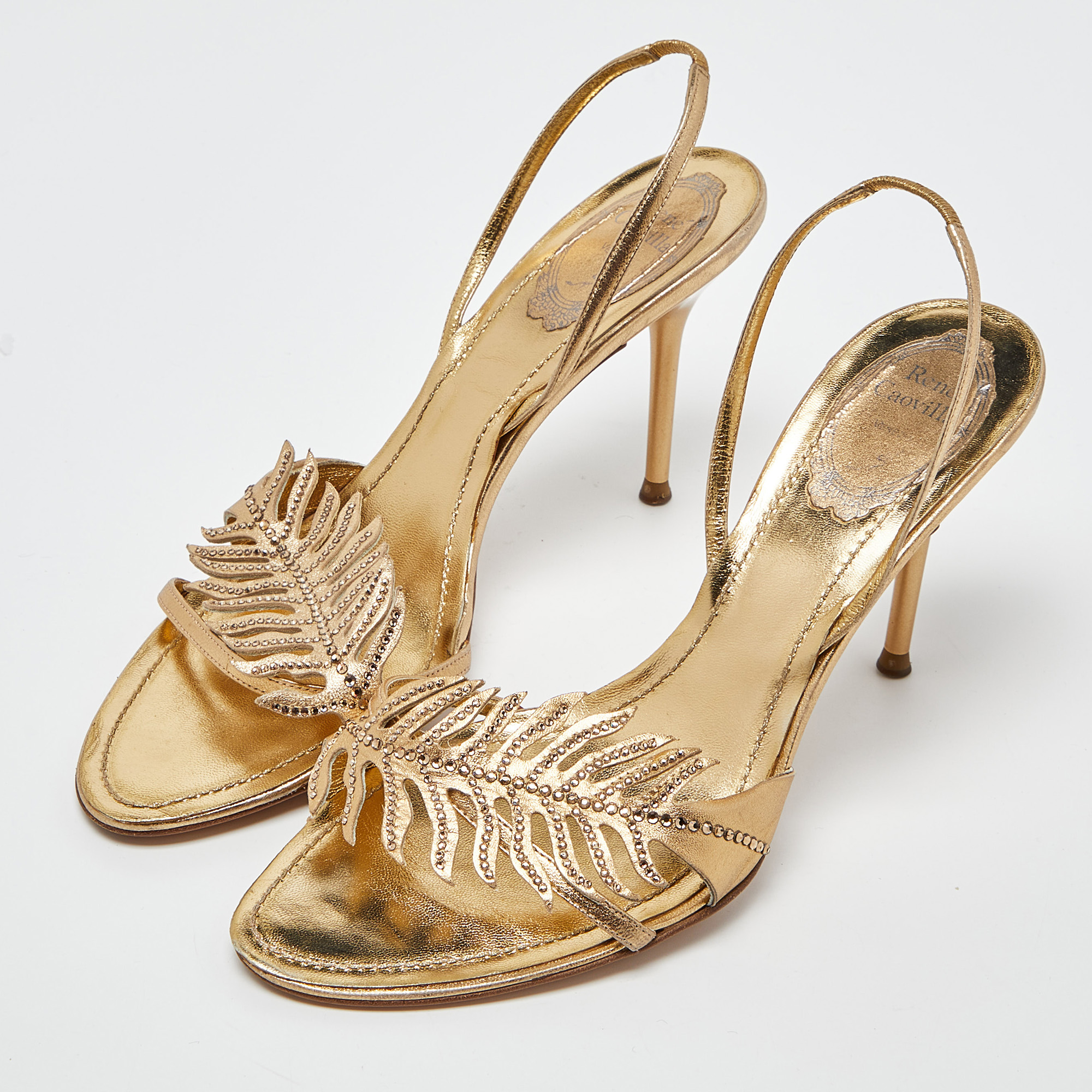 

René Caovilla Metallic Gold Leather Crystal Embellished Slingback Sandals Size
