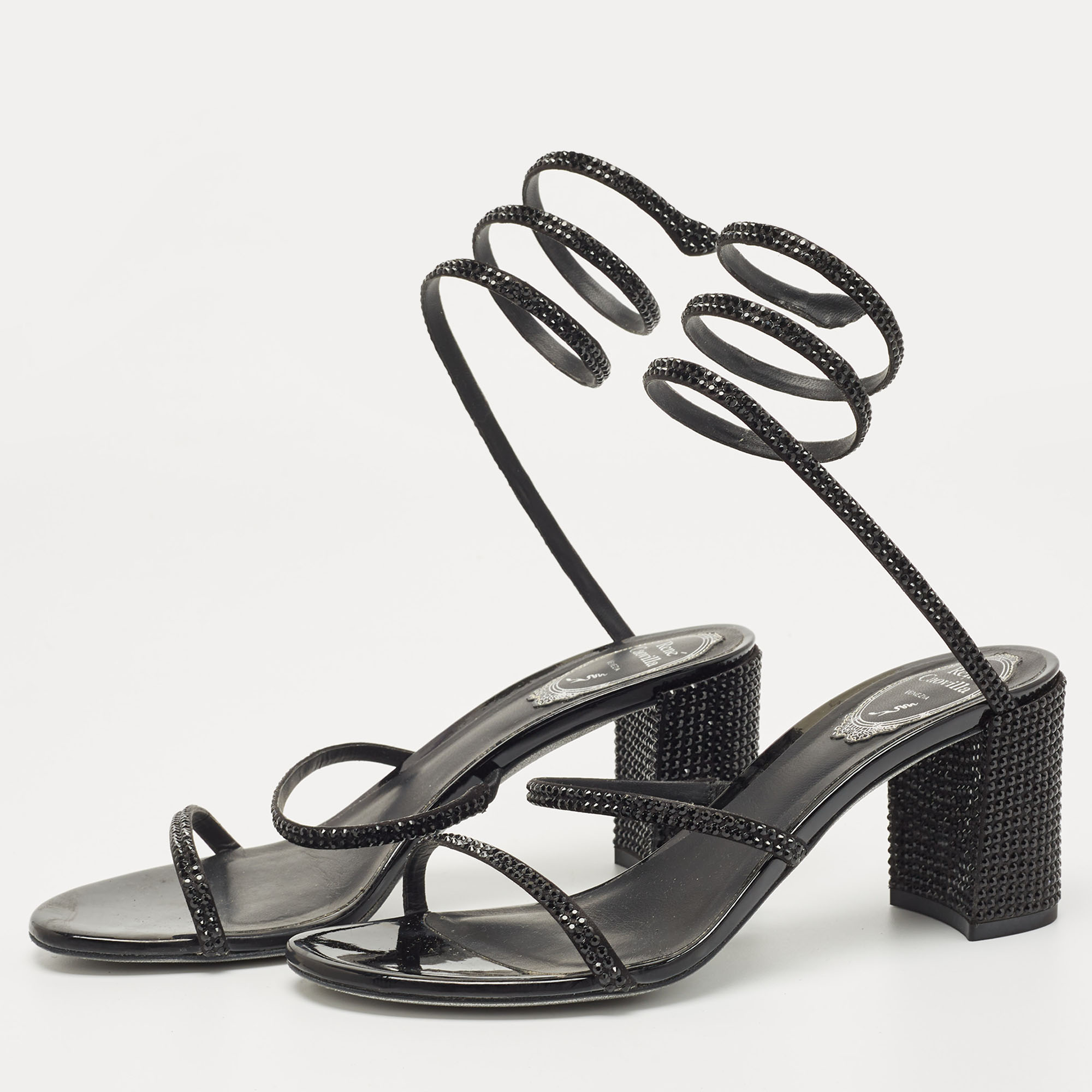 

René Caovilla Black Satin Crystal Embellished Cleo Ankle Strap Sandals Size