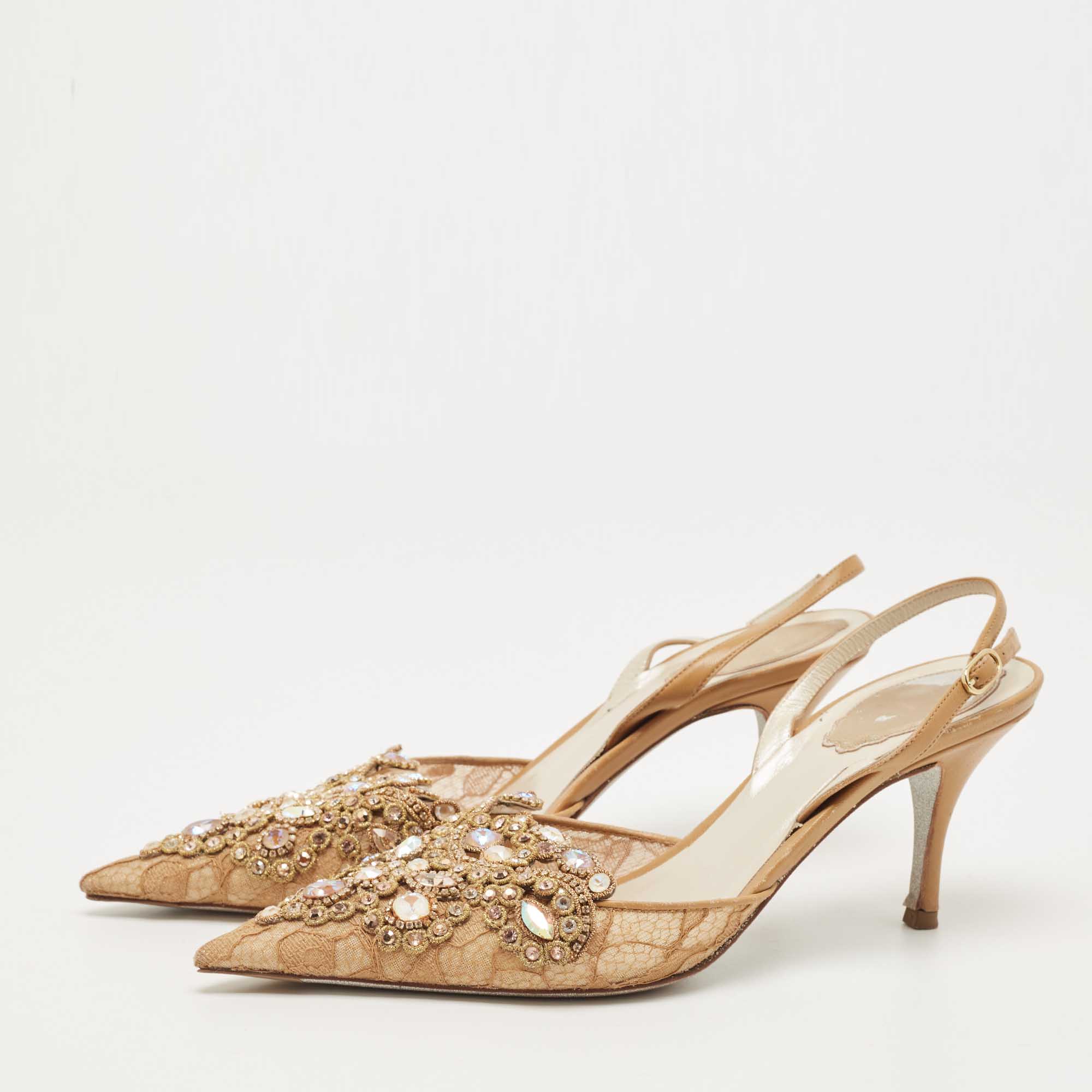 

Rene Caovilla Brown Leather and Lace Crystal Embellished Slingback Pumps Size