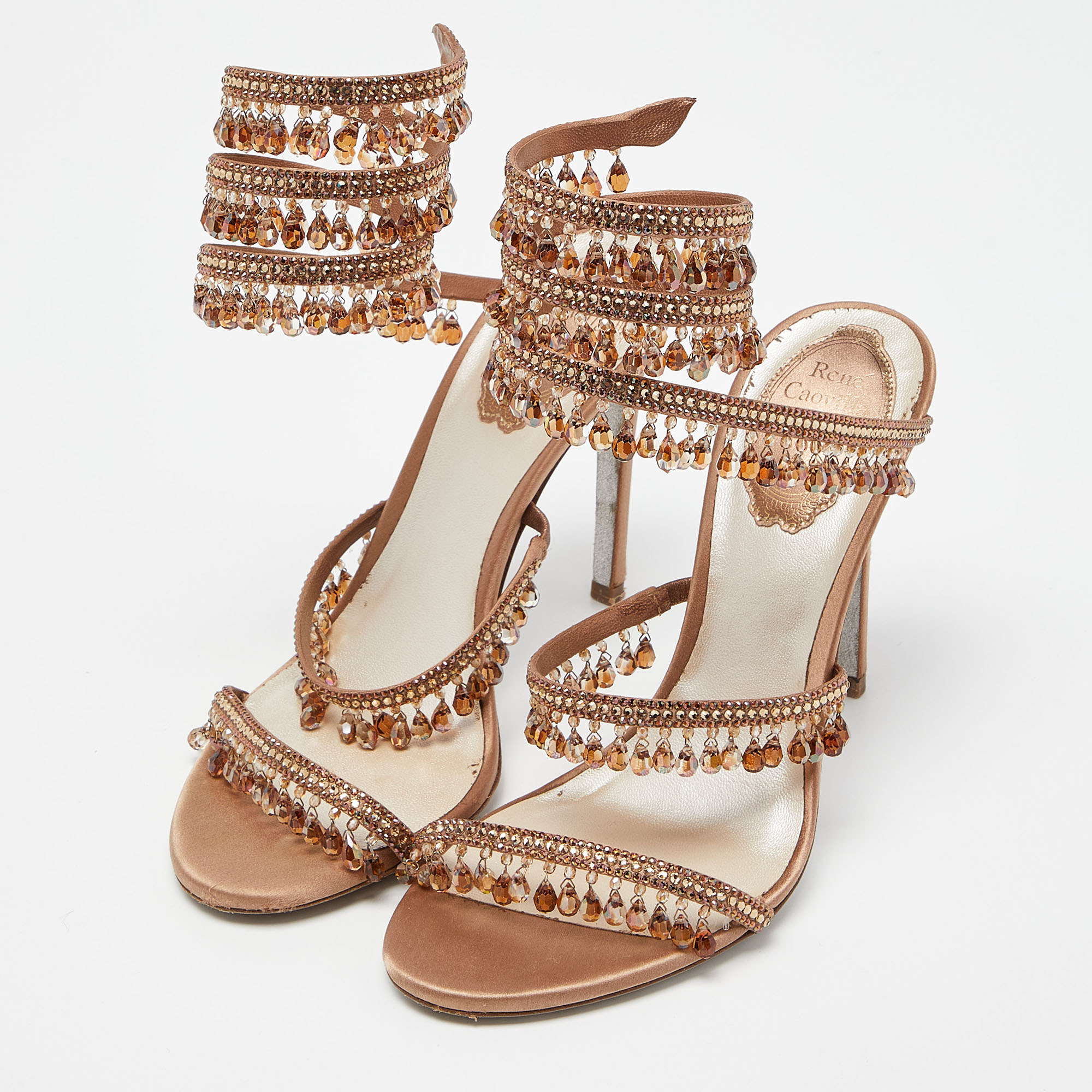 

Rene Caovilla Beige Satin Crystal Embellished Chandelier Ankle Wrap Sandals Size