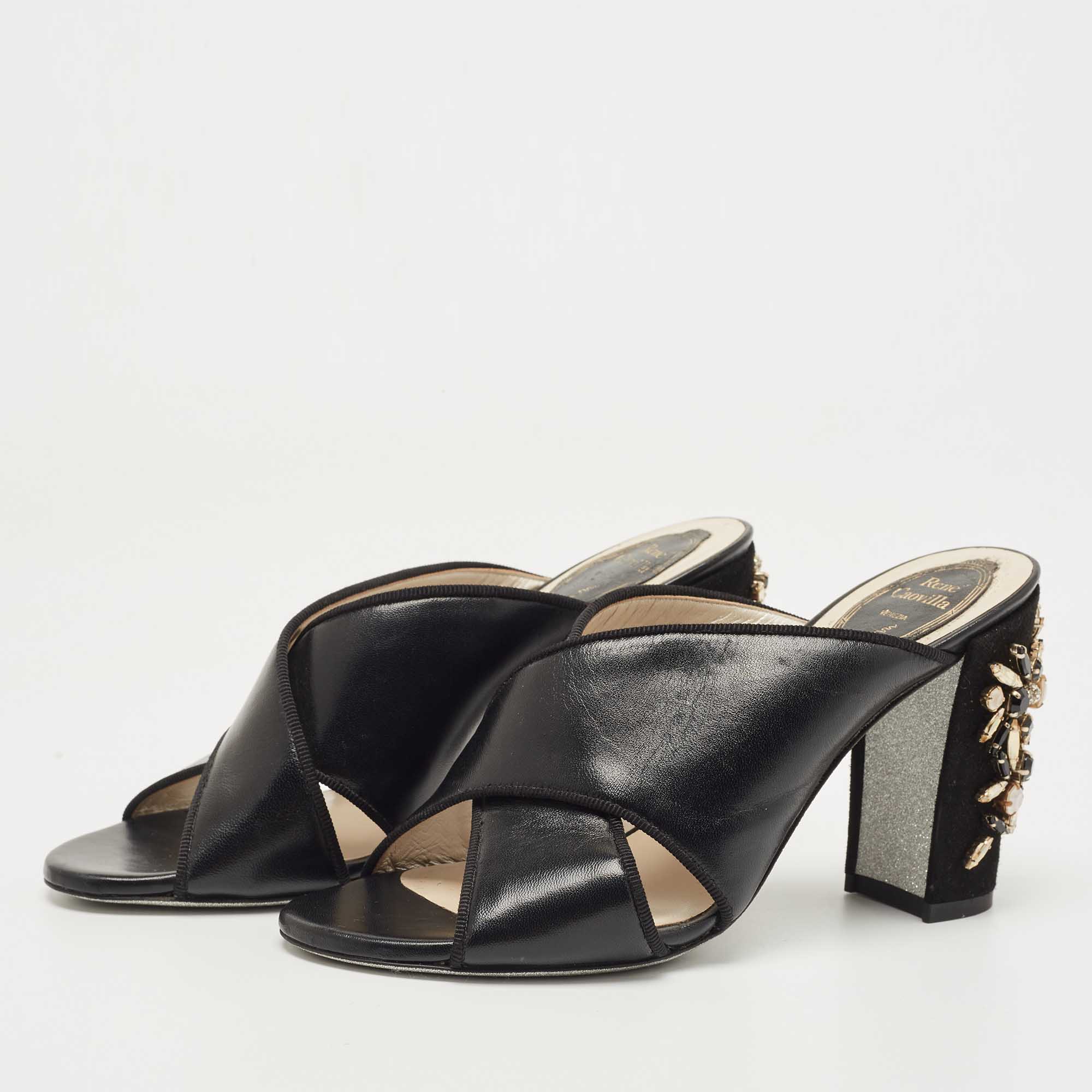 

Rene Caovilla Black Leather and Suede Crystal Embellished Block Heel Sandals Size