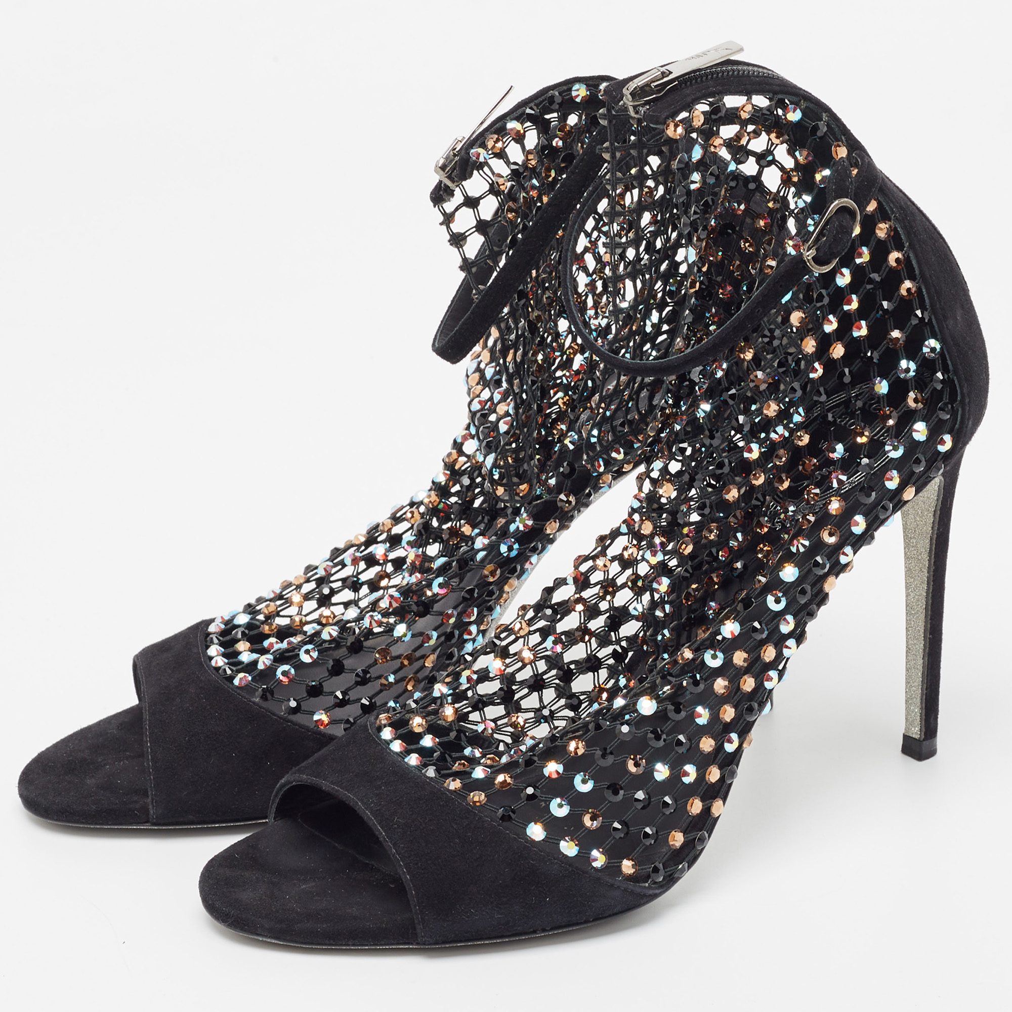

Rene Caovilla Black Suede And Mesh Crystal Embellished Galaxia Open Toe Ankle Strap Sandals Size