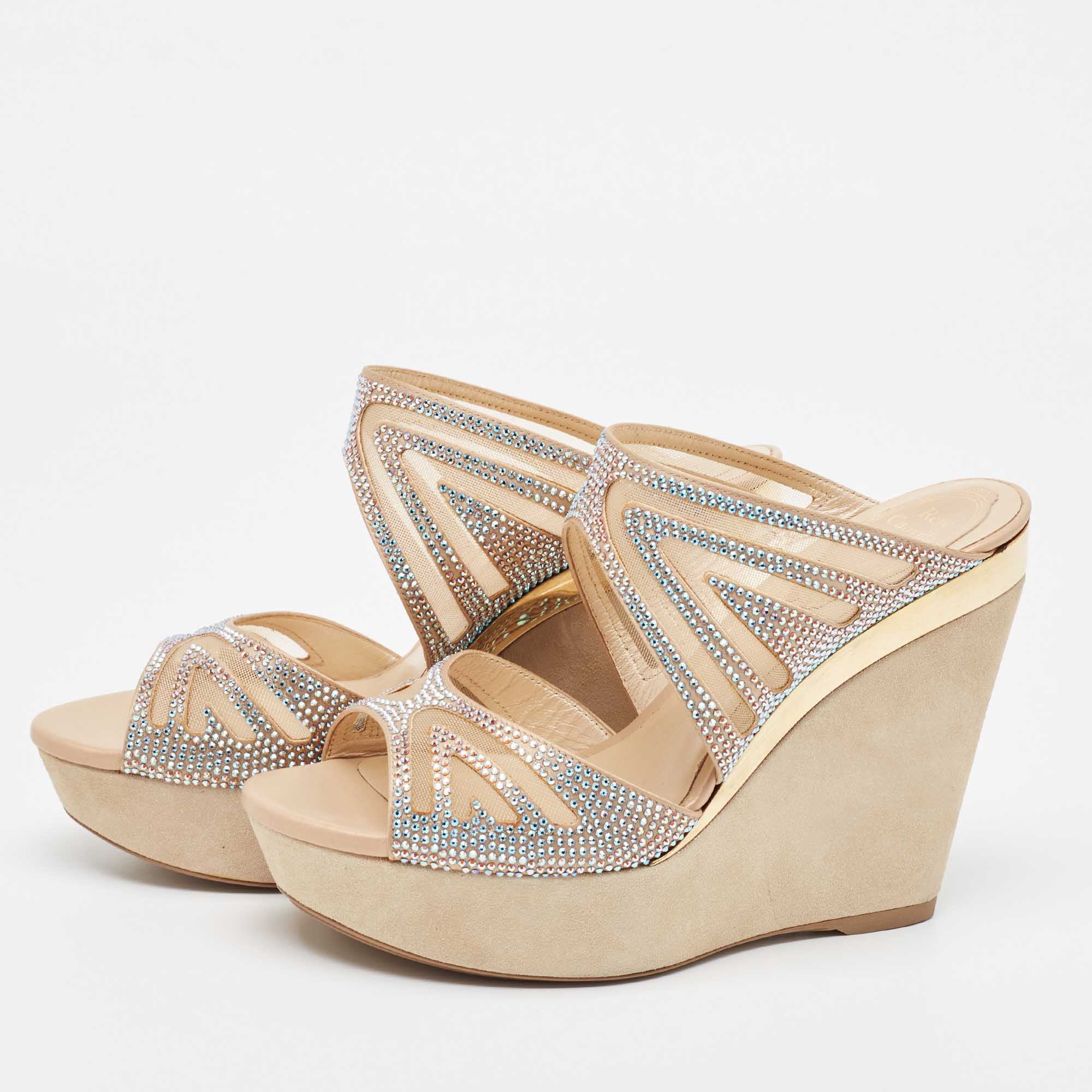 

René Caovilla Beige Crystal Embellished Satin Wedge Platform Slide Sandals Size