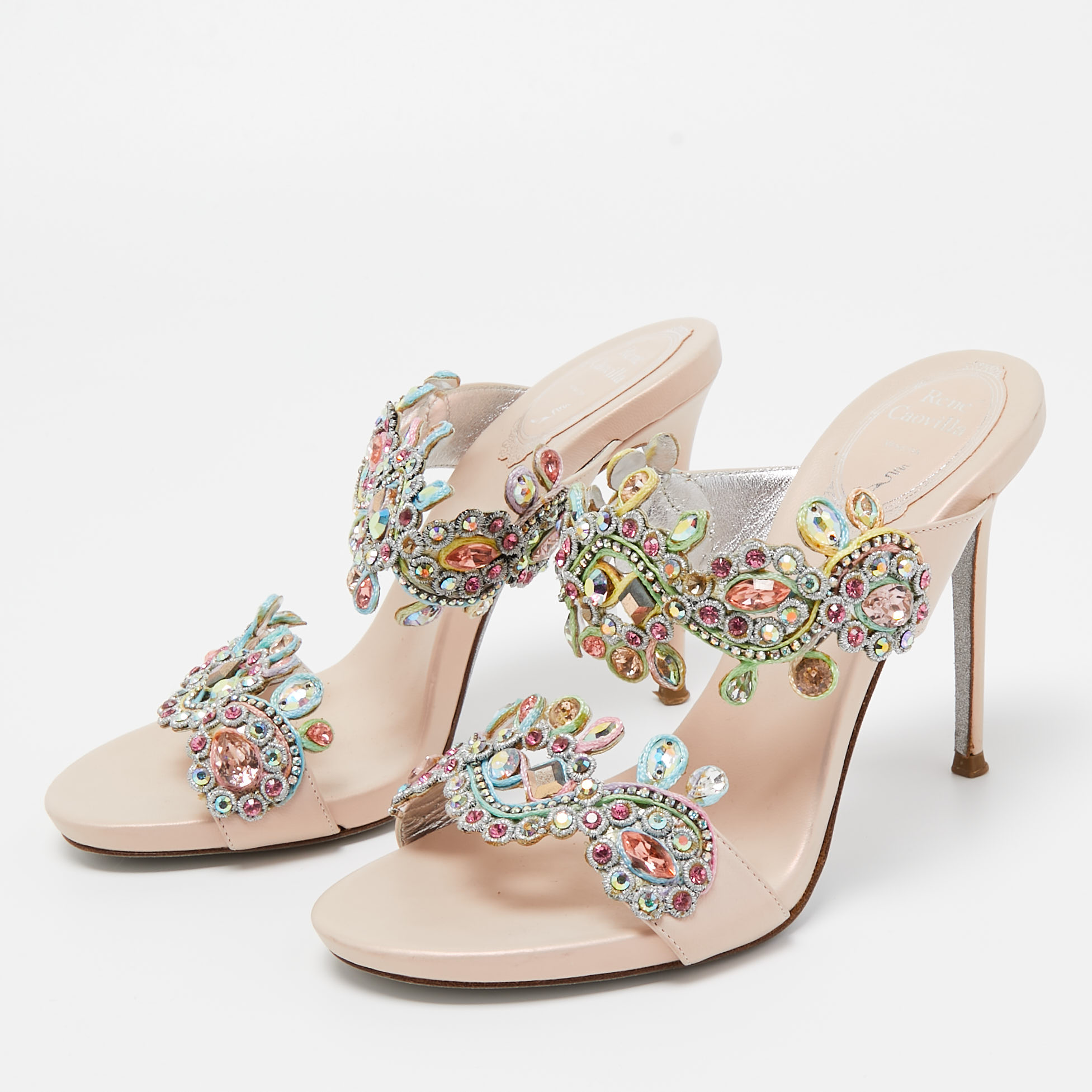

René Caovilla Metallic Pink Leather and Crystal Embellished Lace Slide Sandals Size