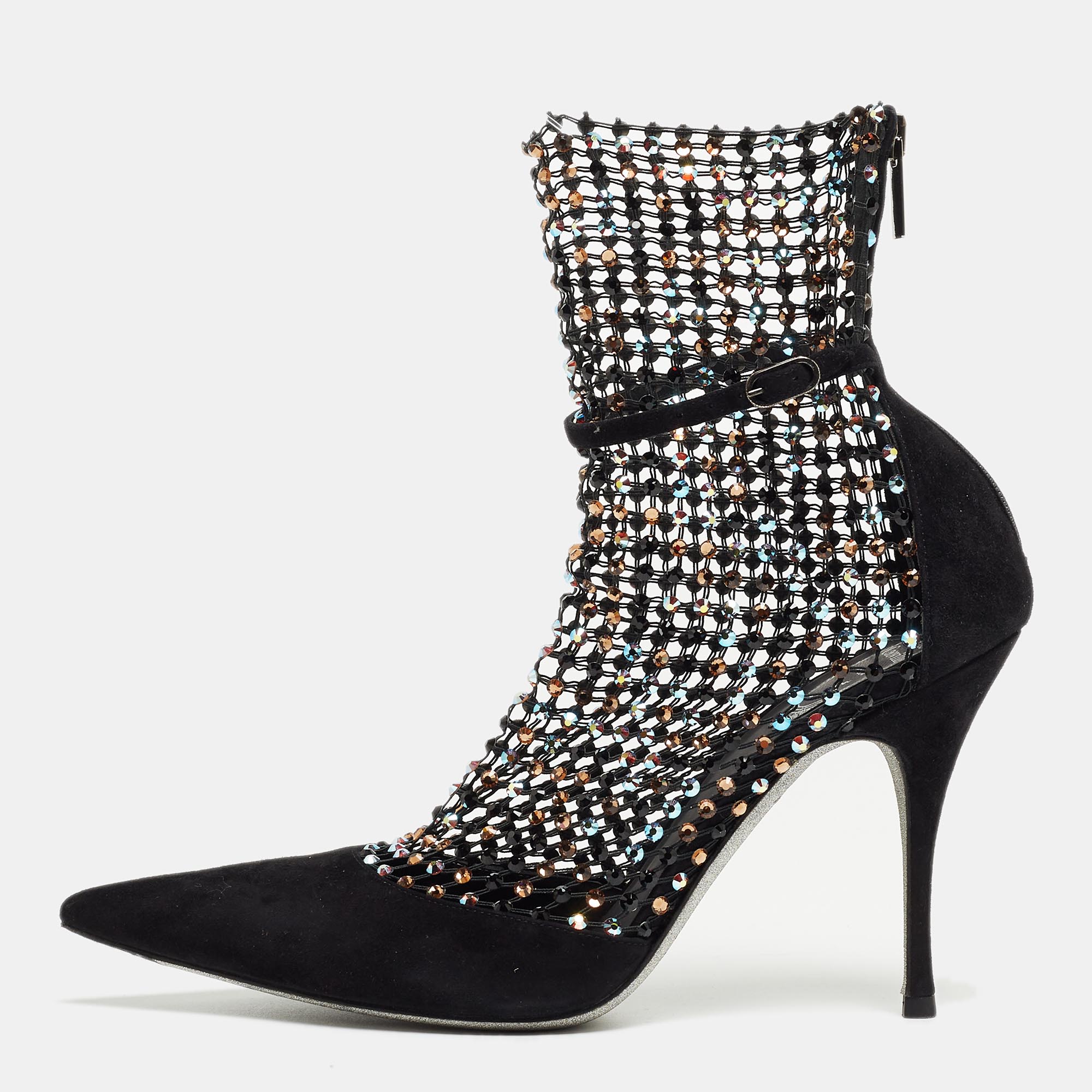 

Rene Caovilla Black Suede And Mesh Crystal Embellished Galaxia Pointed Toe Ankle Strap Booties Size