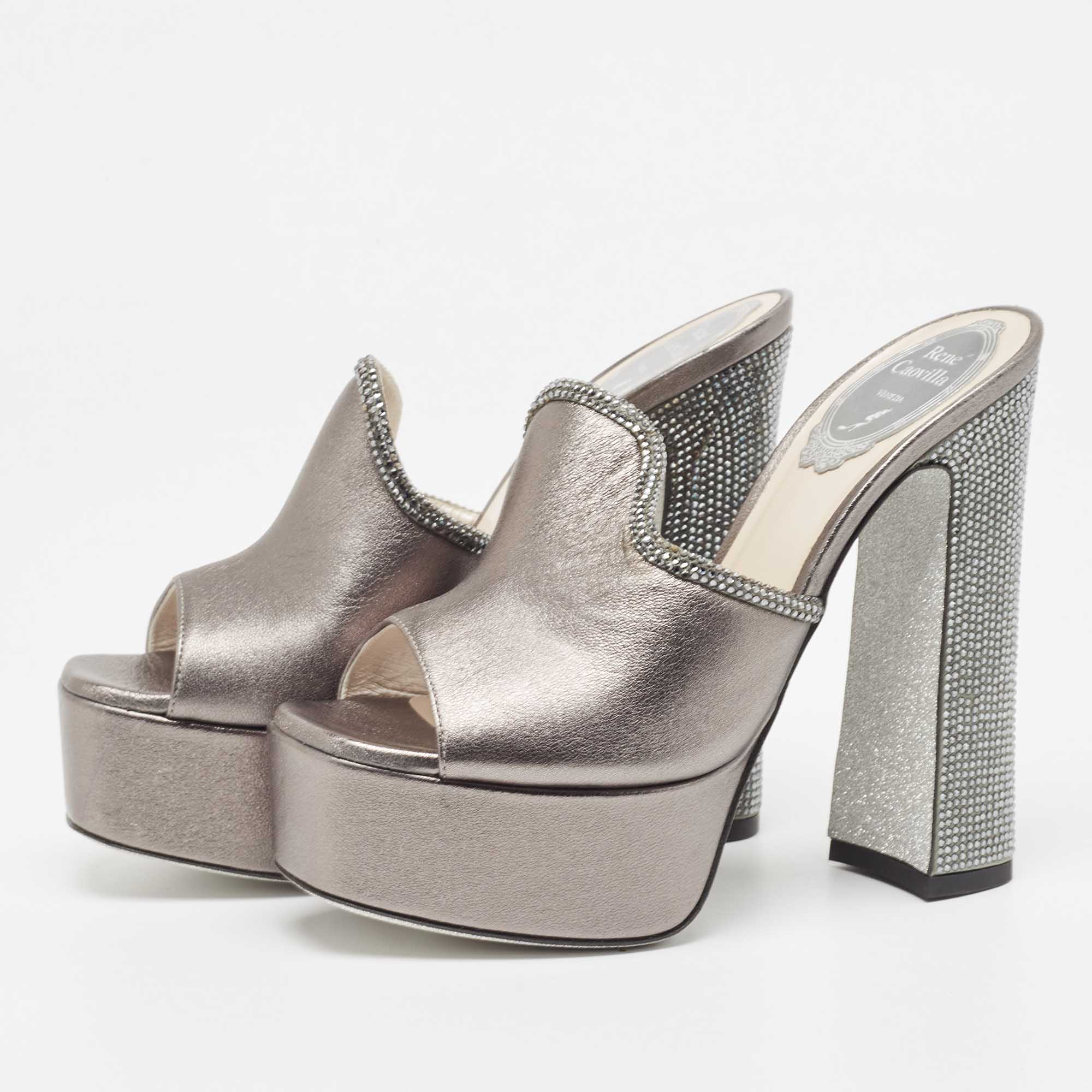 

René Caovilla Silver Leather Wedge Sandals Size