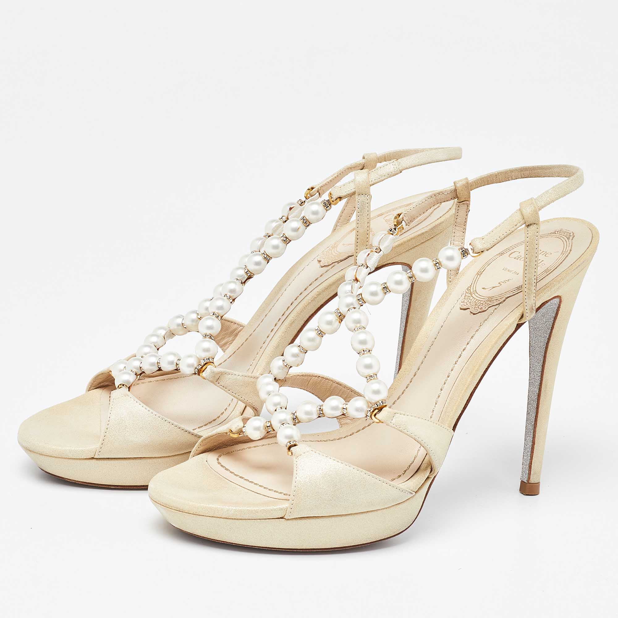 

Rene Caovilla Beige Canvas Pearl T Strap Sandals Size