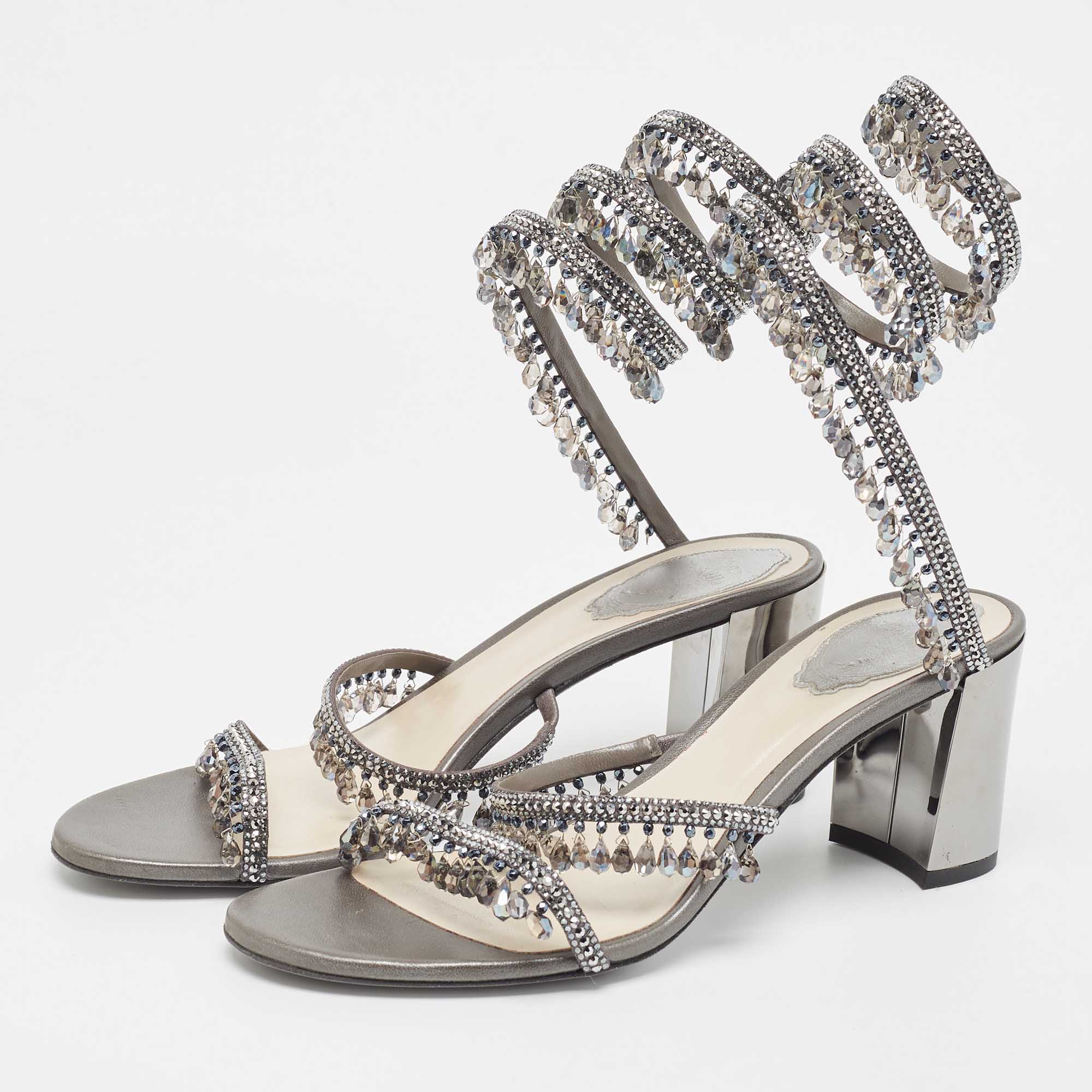 

Rene Caovilla Metallic Grey Leather Cleo Chandelier Ankle Wrap Sandals Size