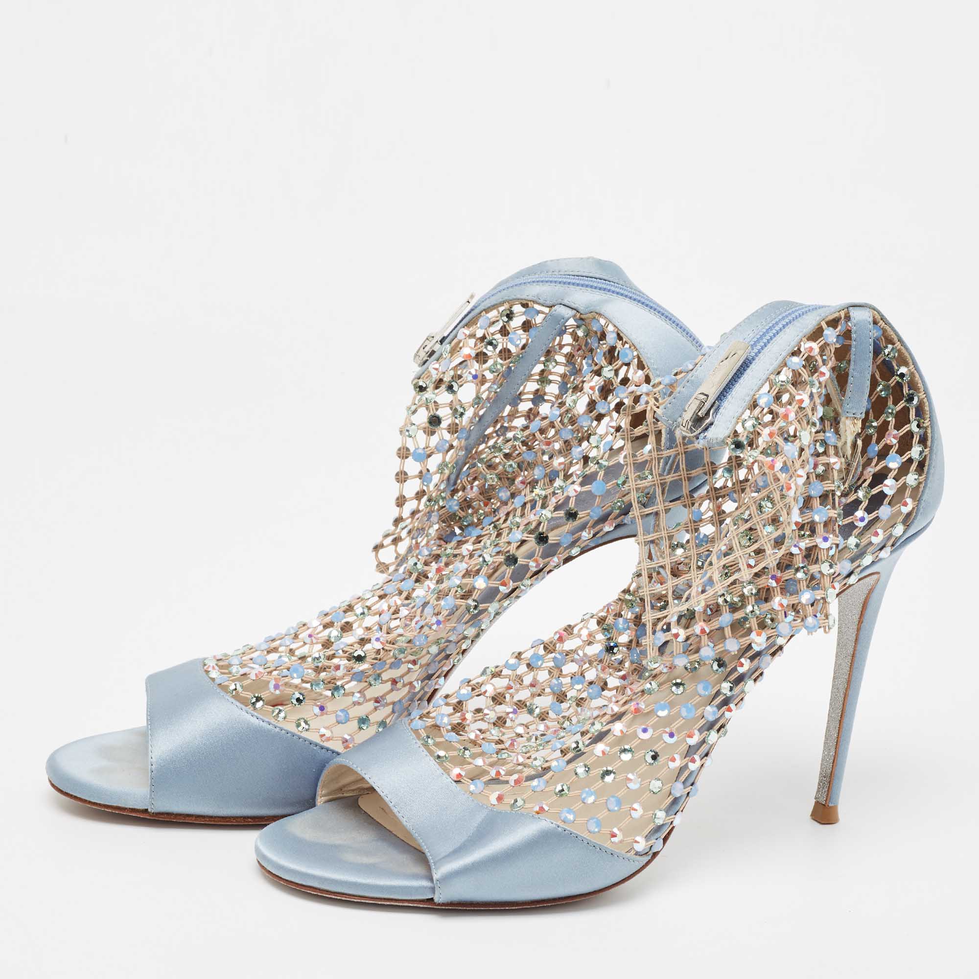 

René Caovilla Blue Satin and Crystal Embellished Mesh Galaxia Sandals Size