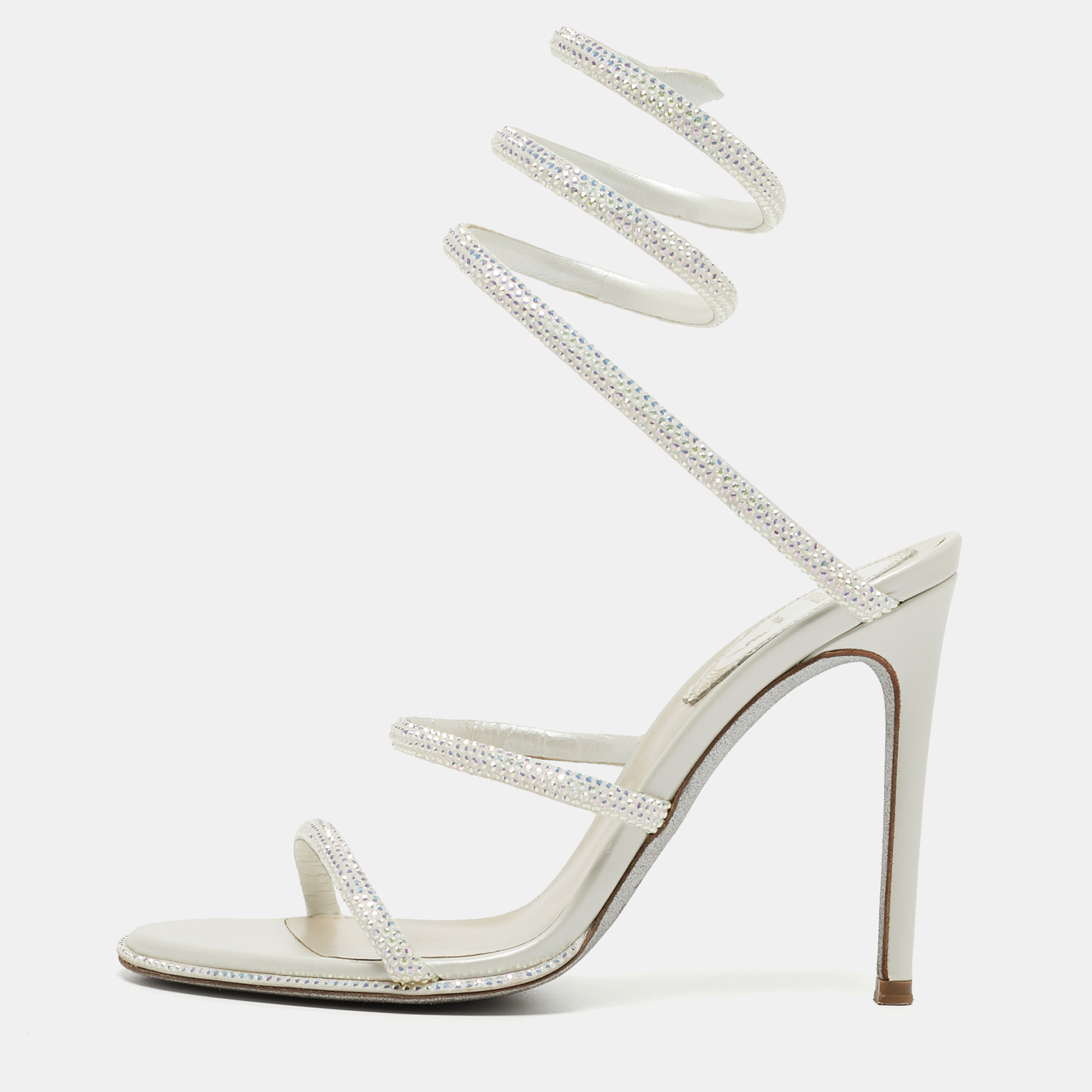 Pre-owned René Caovilla White Satin Crystal Embellished And Leather Cleo Ankle Wrap Sandals Size 35