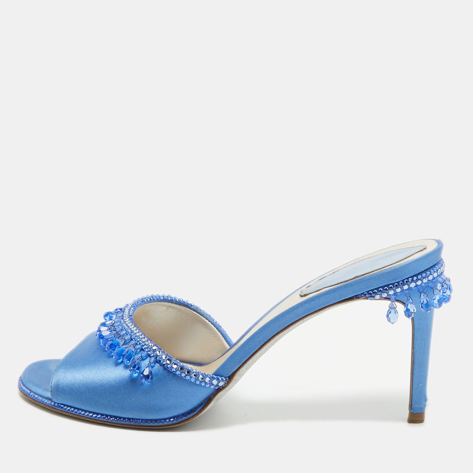

René Caovilla Blue Satin Crystal Embellished Slide Sandals Size
