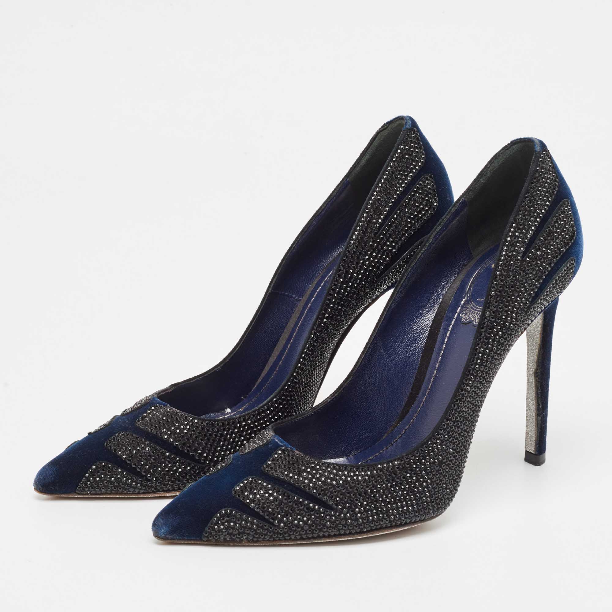 

René Caovilla Dark Blue/Black Velvet and Crystal Embellished Suede Pointed Toe Pumps Size