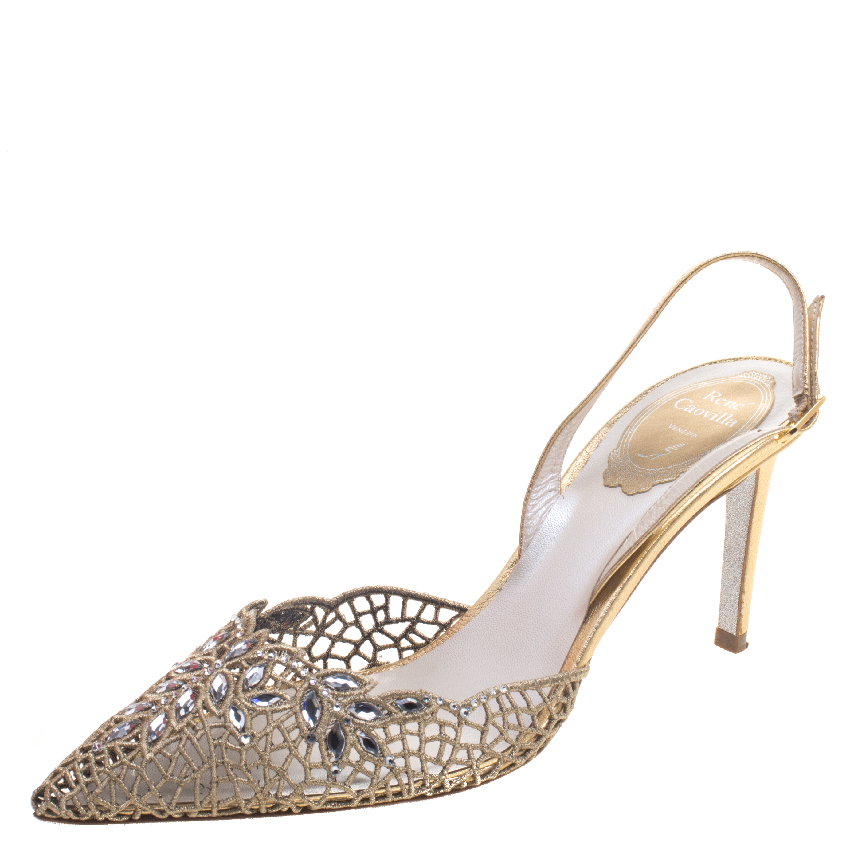 René Caovilla Gold Crystal Embellished Macrame Lace And Leather Slingback Sandals Size 38