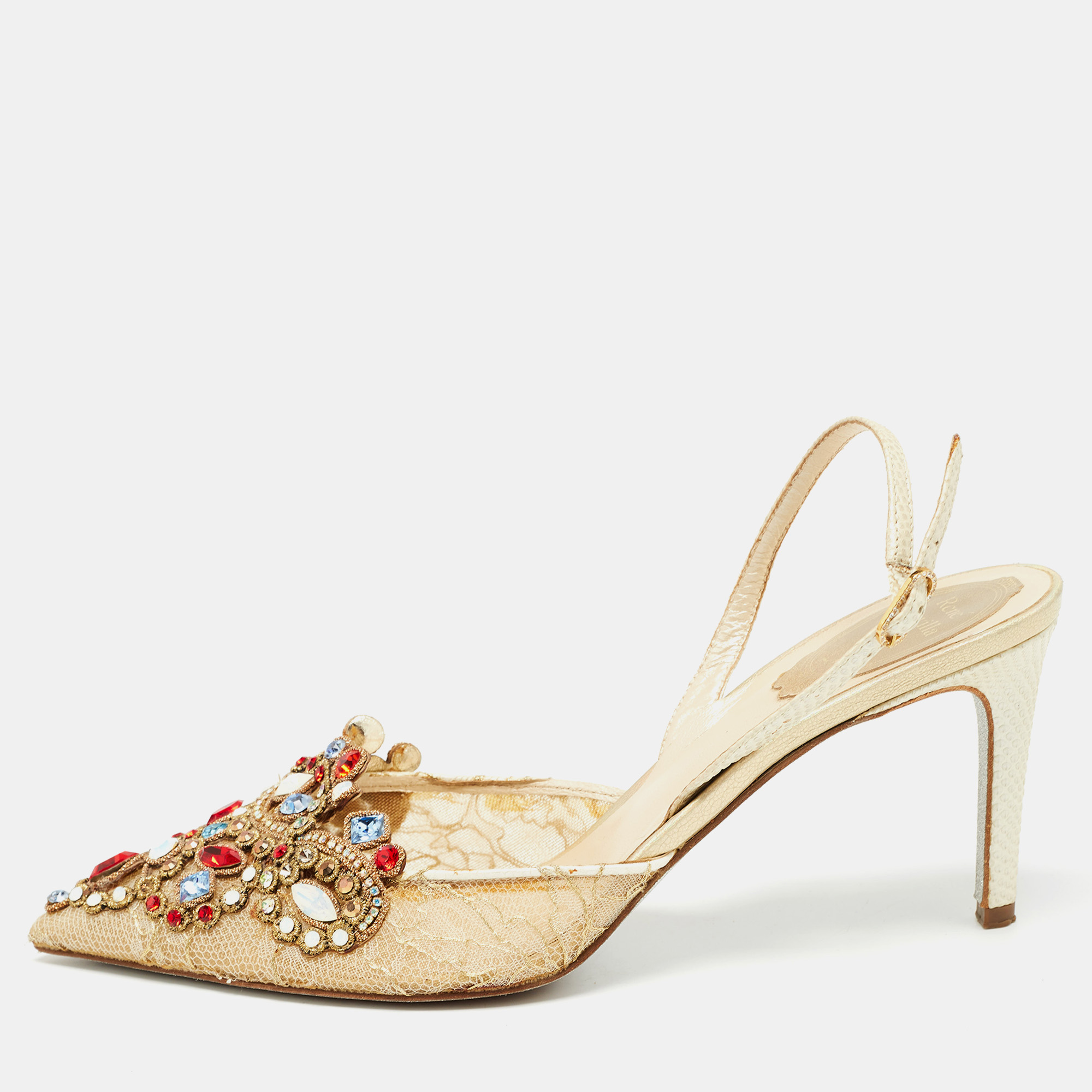 

René Caovilla Cream Lace and Leather Crystal Embellished Slingback Pumps Size, Beige