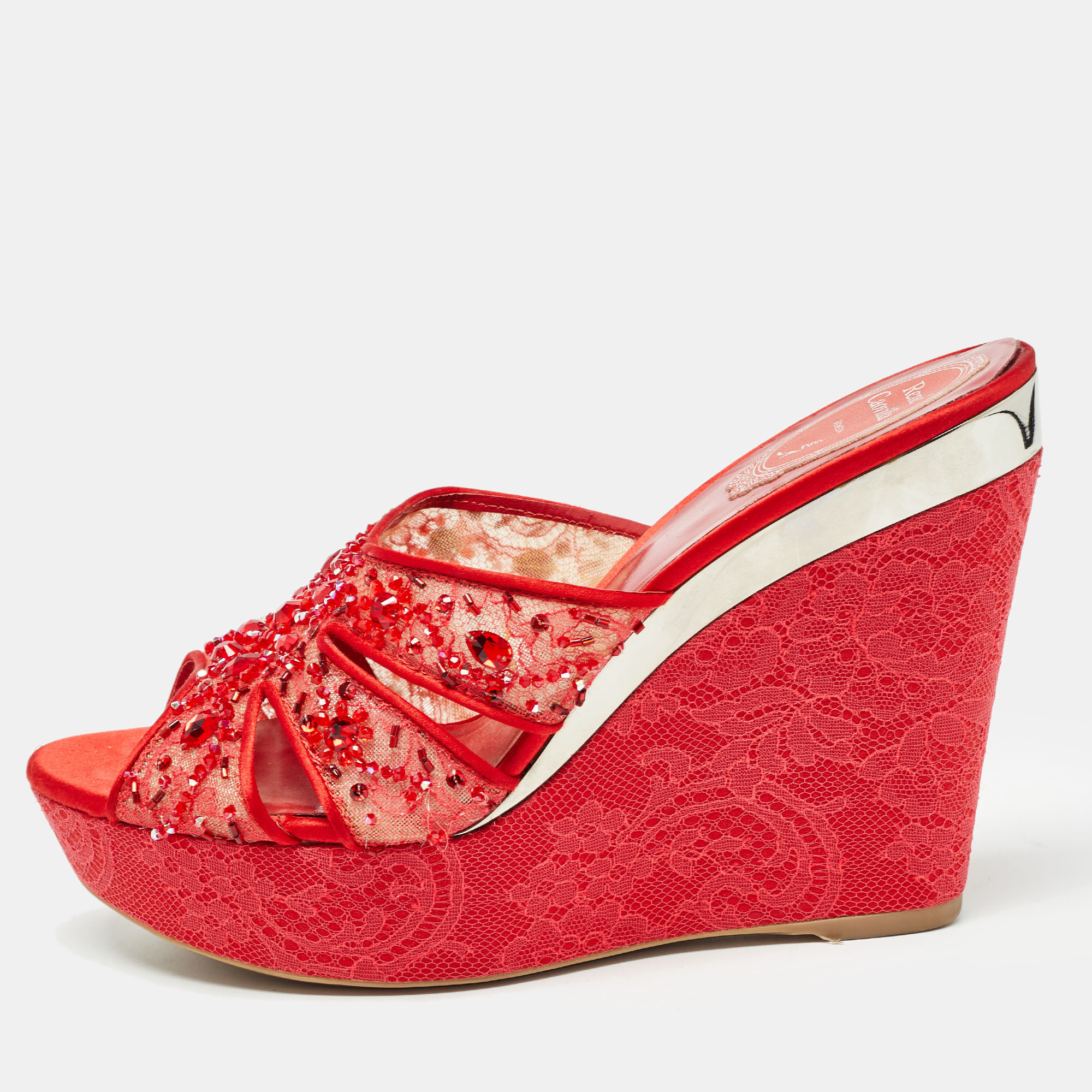 Pre-owned René Caovilla Red Satin And Crystal Embellished Mesh Wedge Platform Sandals Size 40