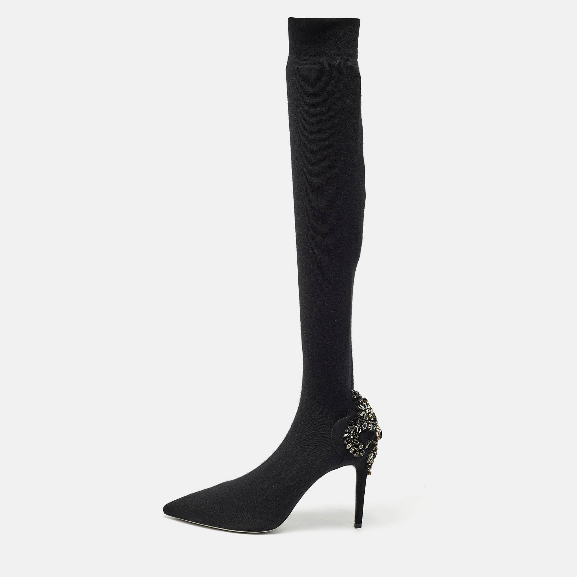 

René Caovilla Black Knit Fabric Embellished Sock Boots Size