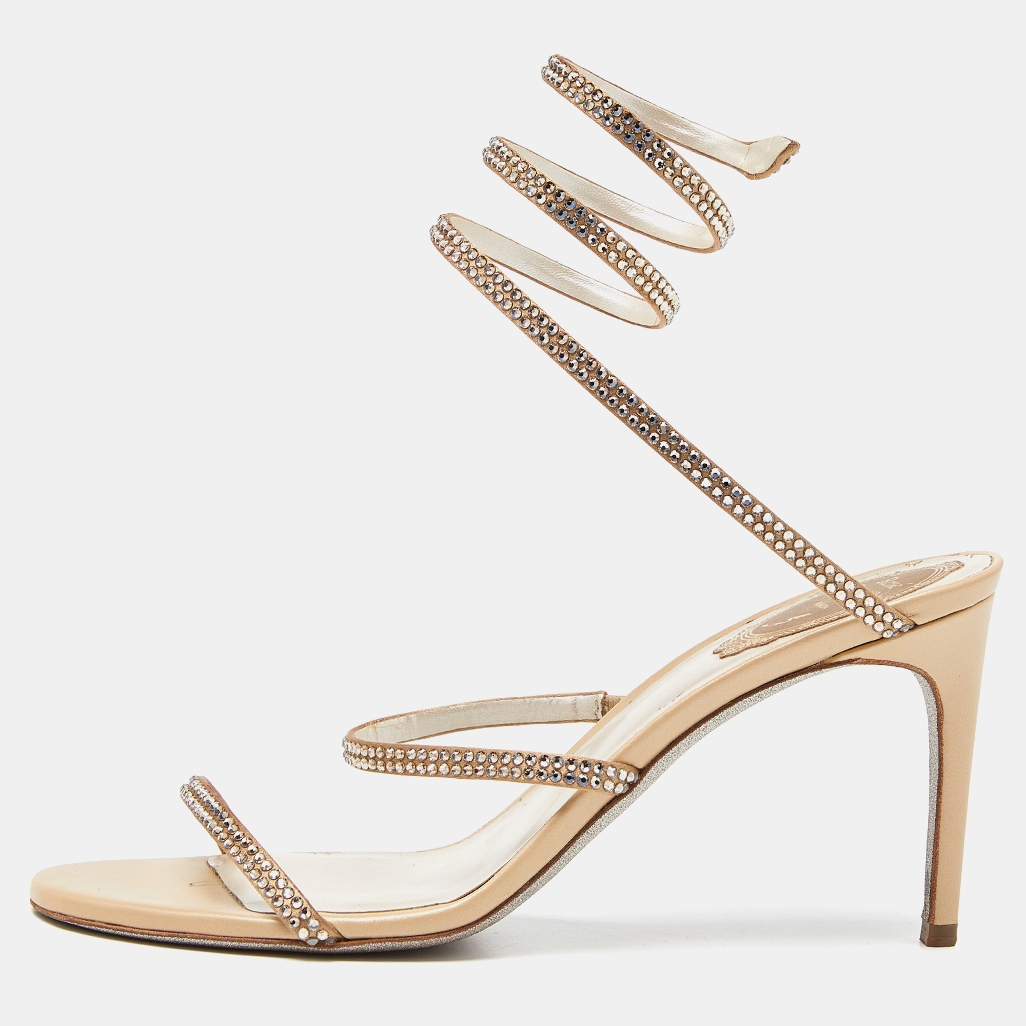 

René Caovilla Beige Satin Cleo Crystals Sandals Size