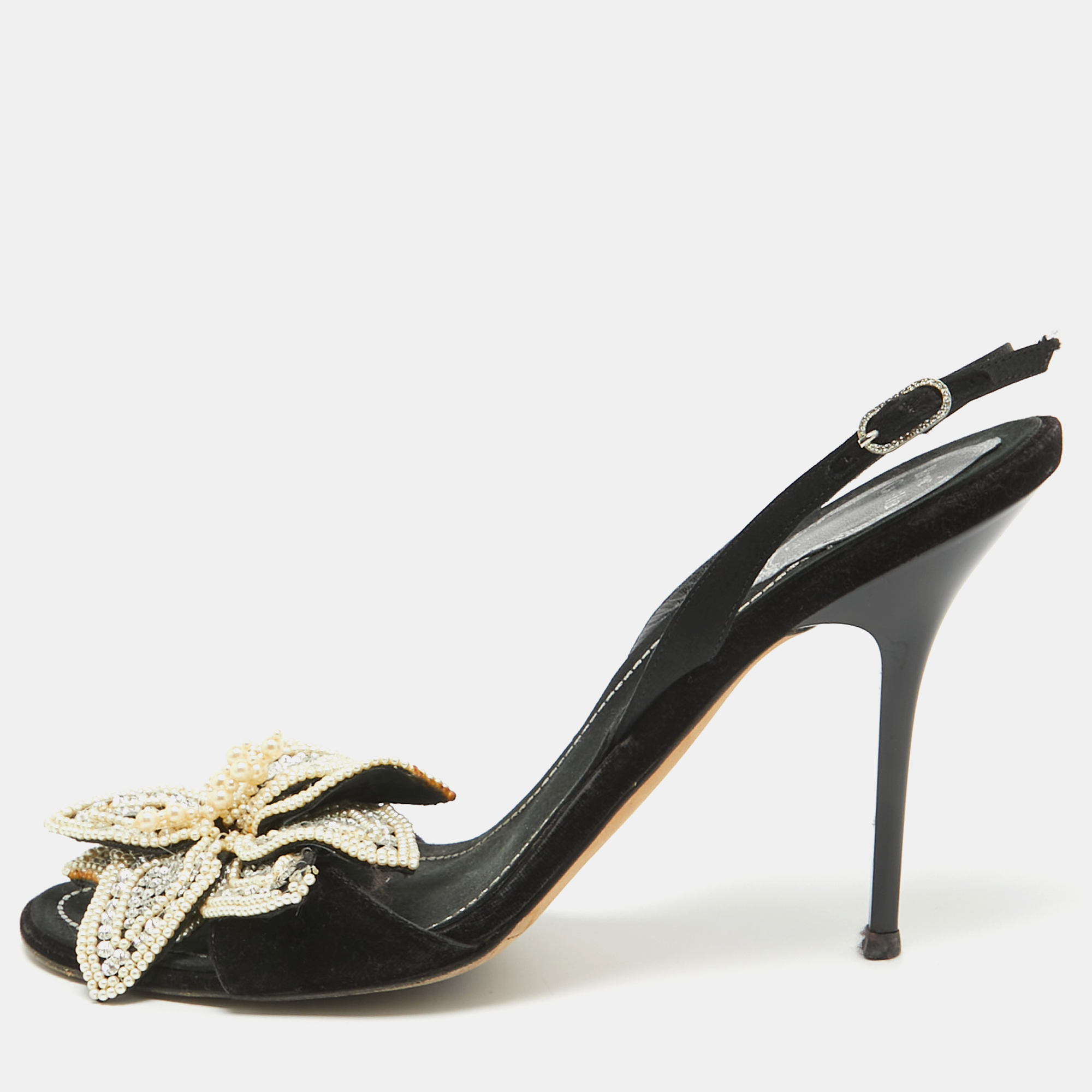 

René Caovilla Black Velvet and Satin Pearls Embellished Slingback Sandals Size