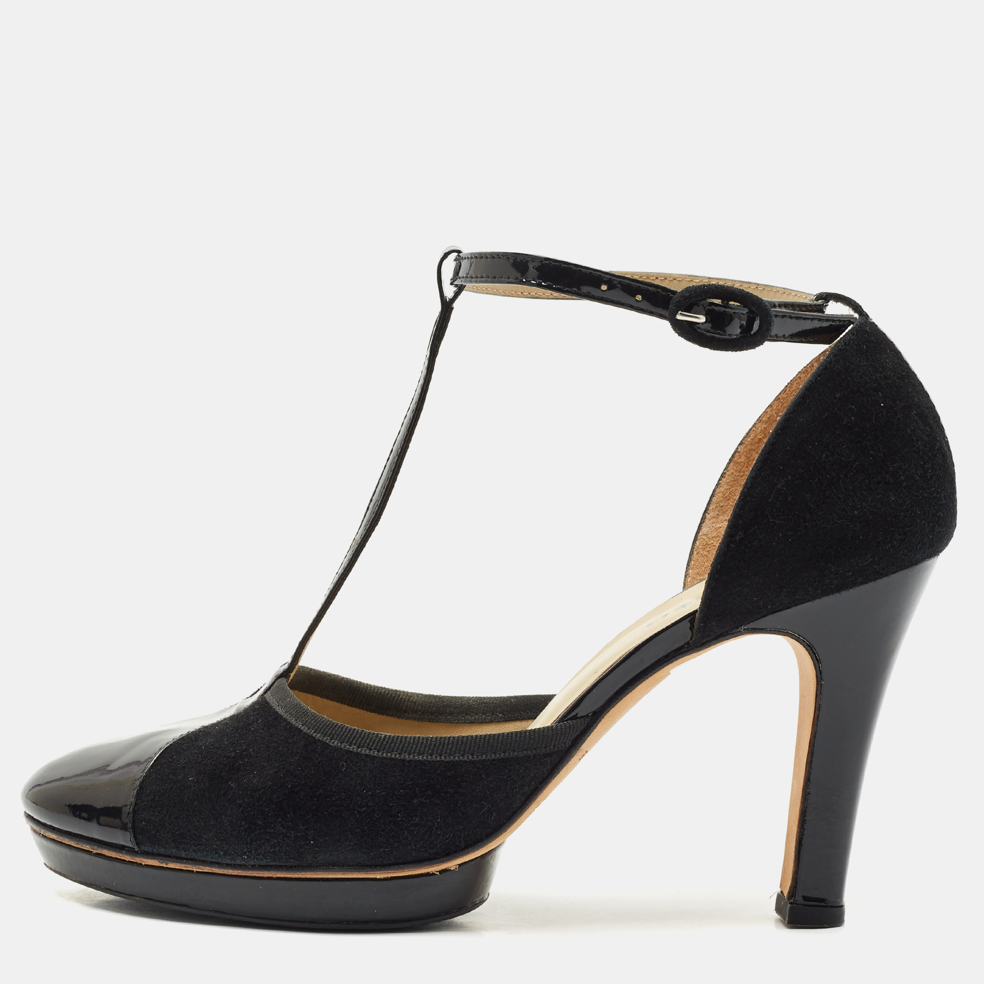 

Repetto Black Patent And Suede Ankle Strap Peep Toe Pumps Size