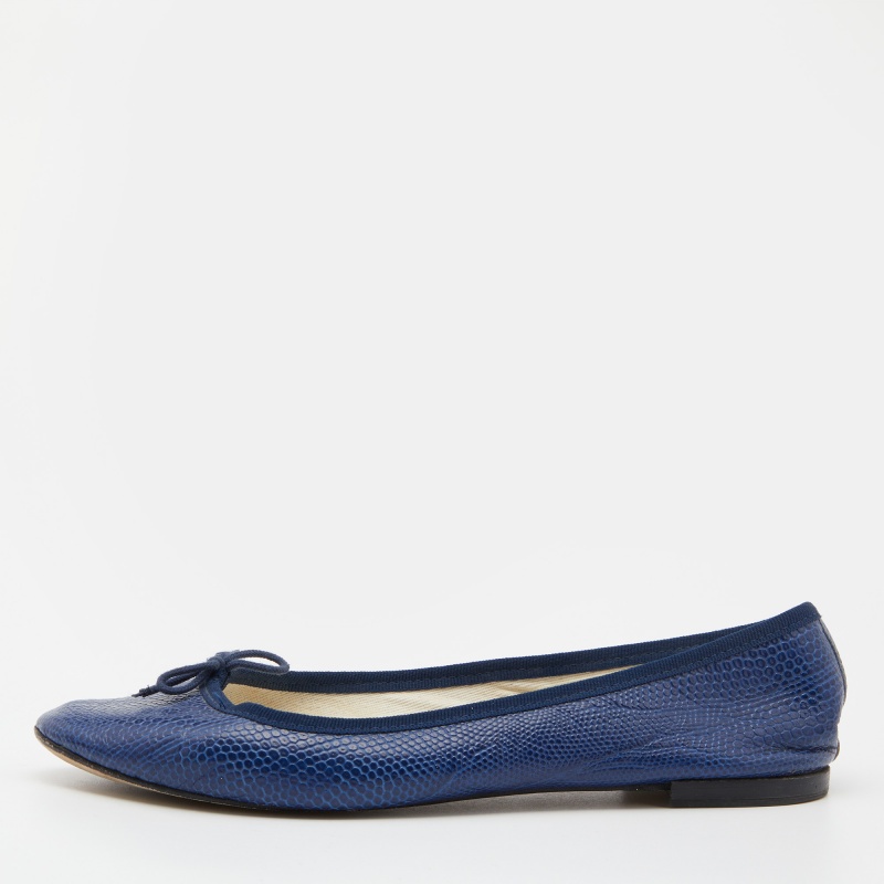 Pre-owned Repetto Blue Croc Embossed Leather Bow Ballet Flats Size 40