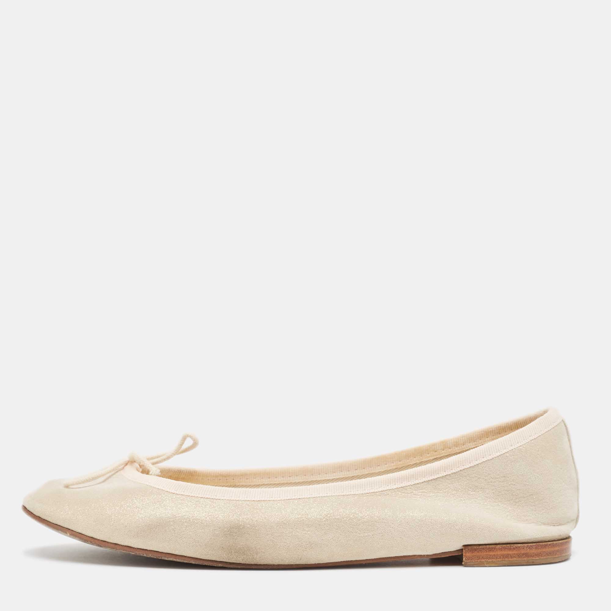 Pre-owned Repetto Cream Glitter Suede Bow Ballet Flats Size 38.5
