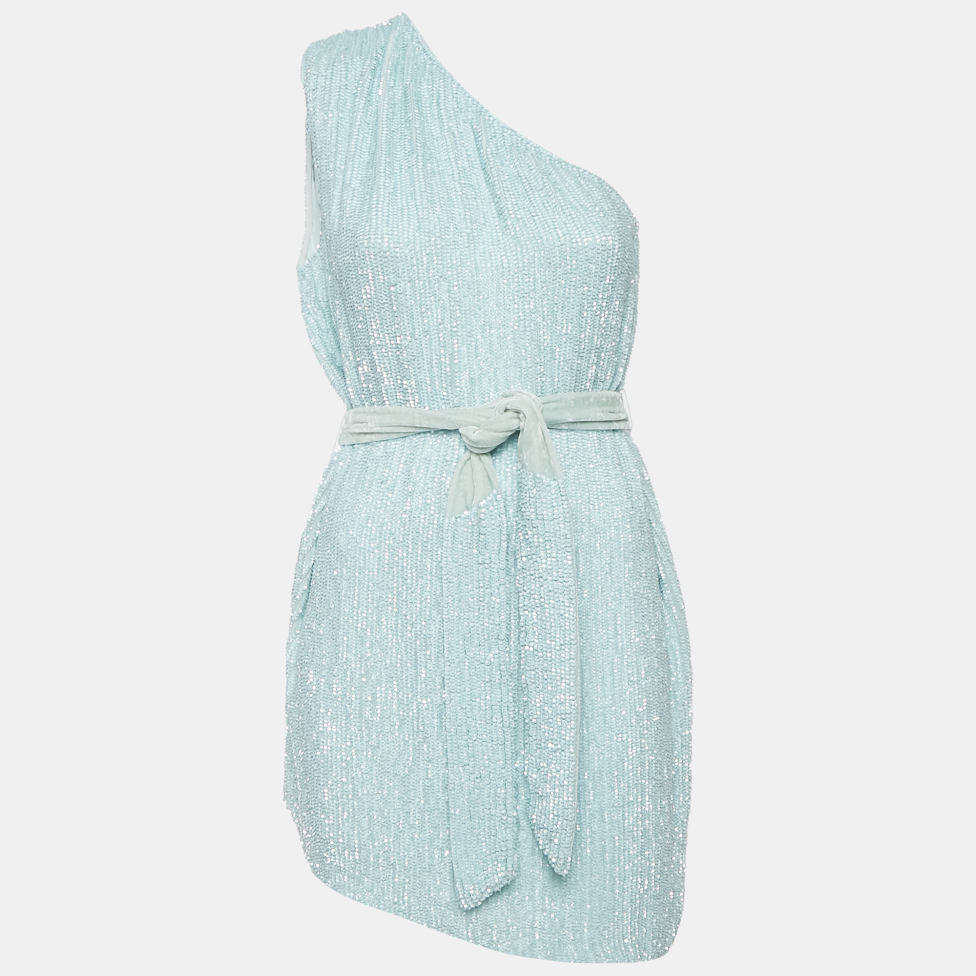 

Retrofete Blue Velvet Trim Sequin One Shoulder Dress S