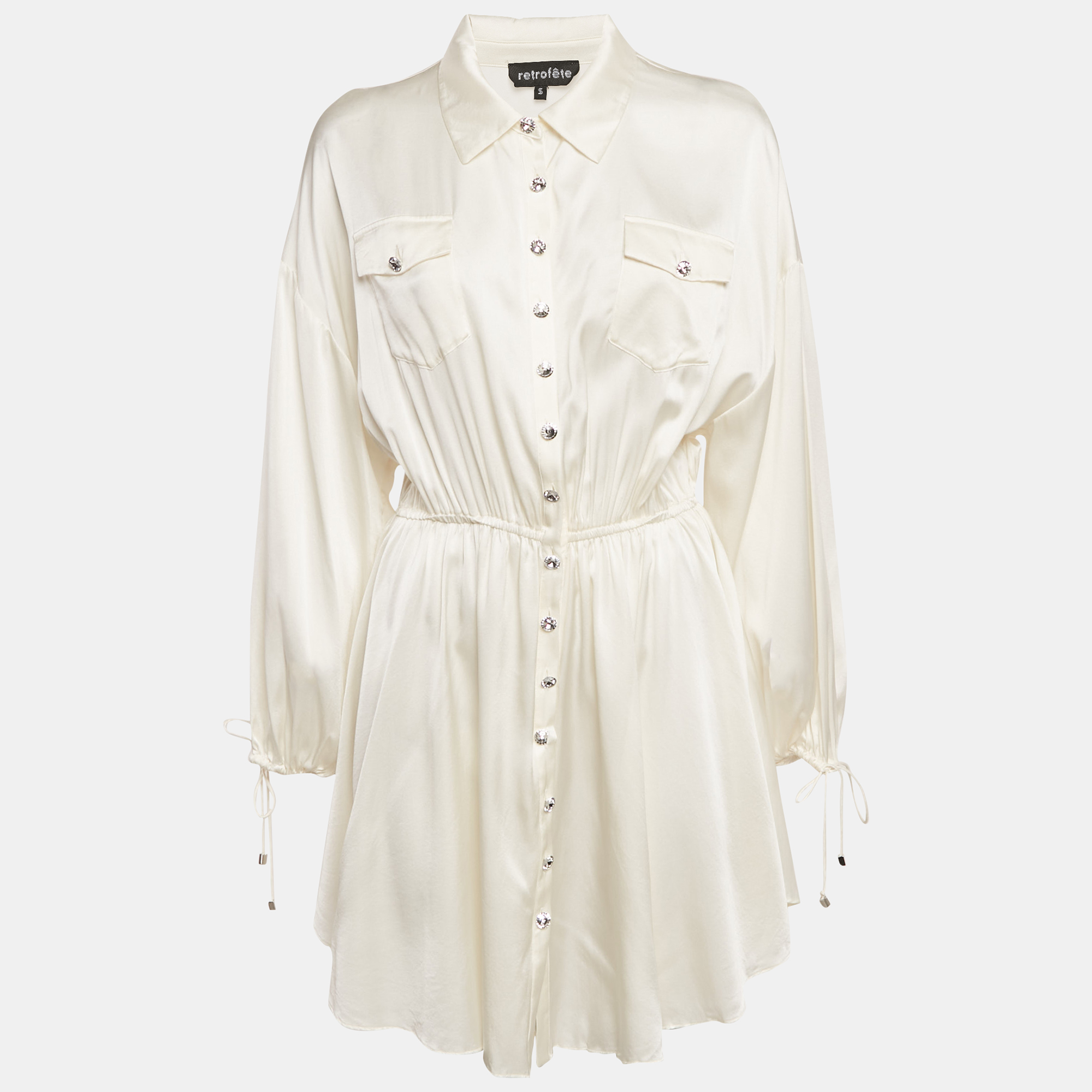 

Retrofete Cream Satin Gathered Mini Dress S, White
