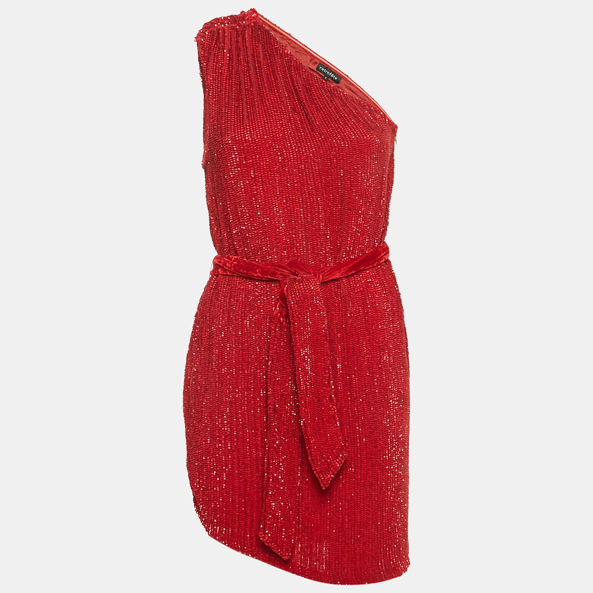 

Retrofete Dark Red Sequin Belted One-Shoulder Mini Dress S