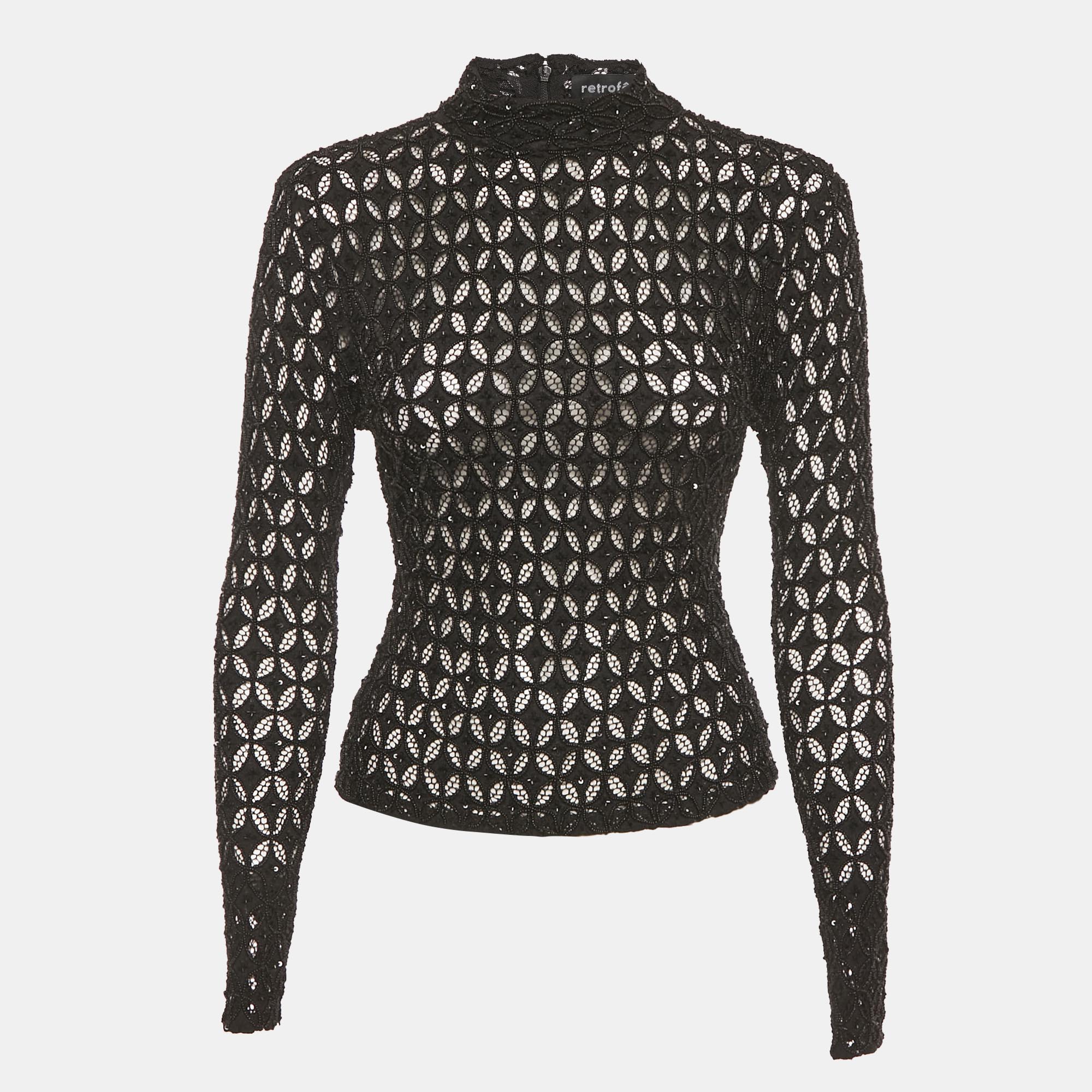 

Retrofete Black Beaded Mesh High Neck Top XS