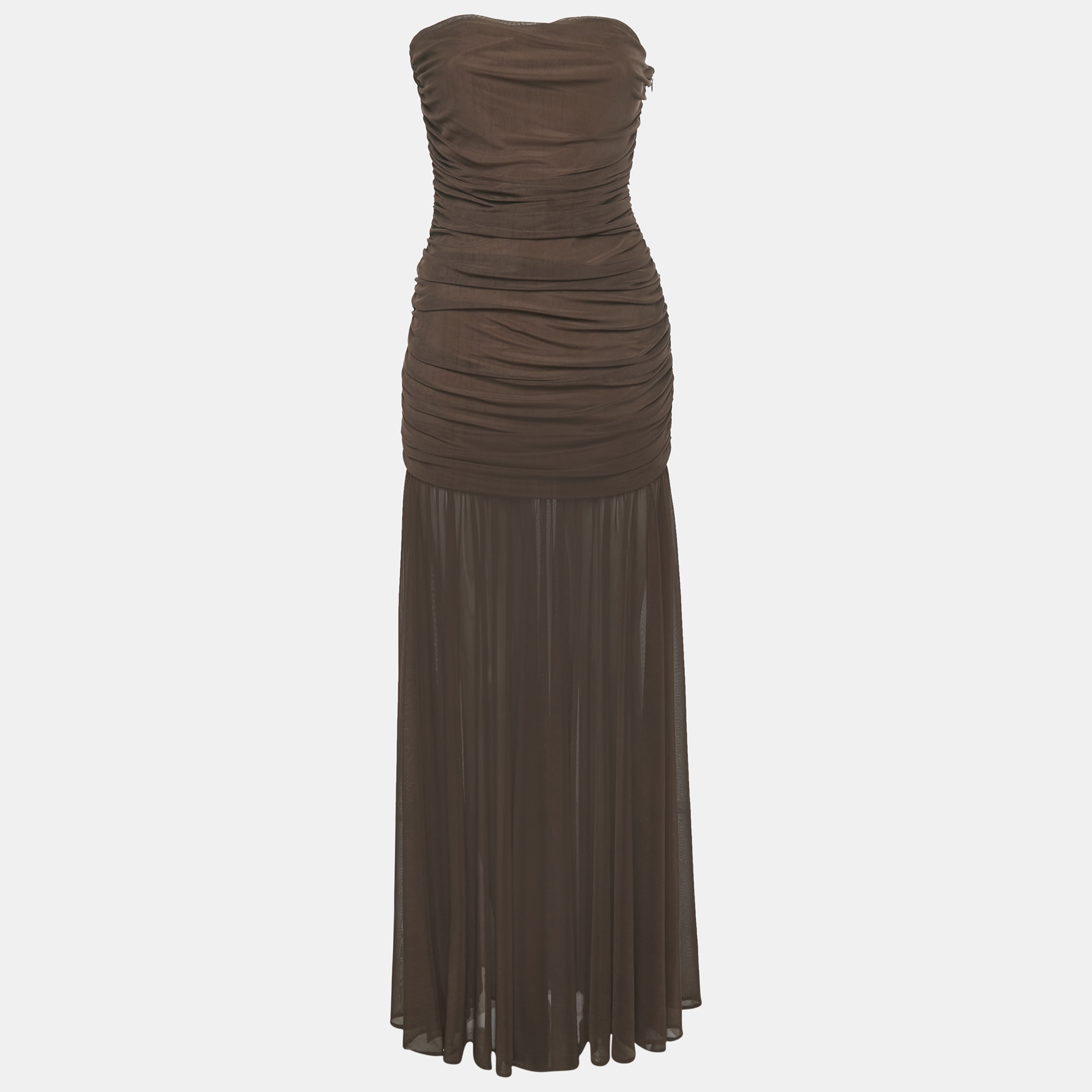 RETROFÉTE Pre-owned Brown Stretch Mesh Ruche Adele Dress M