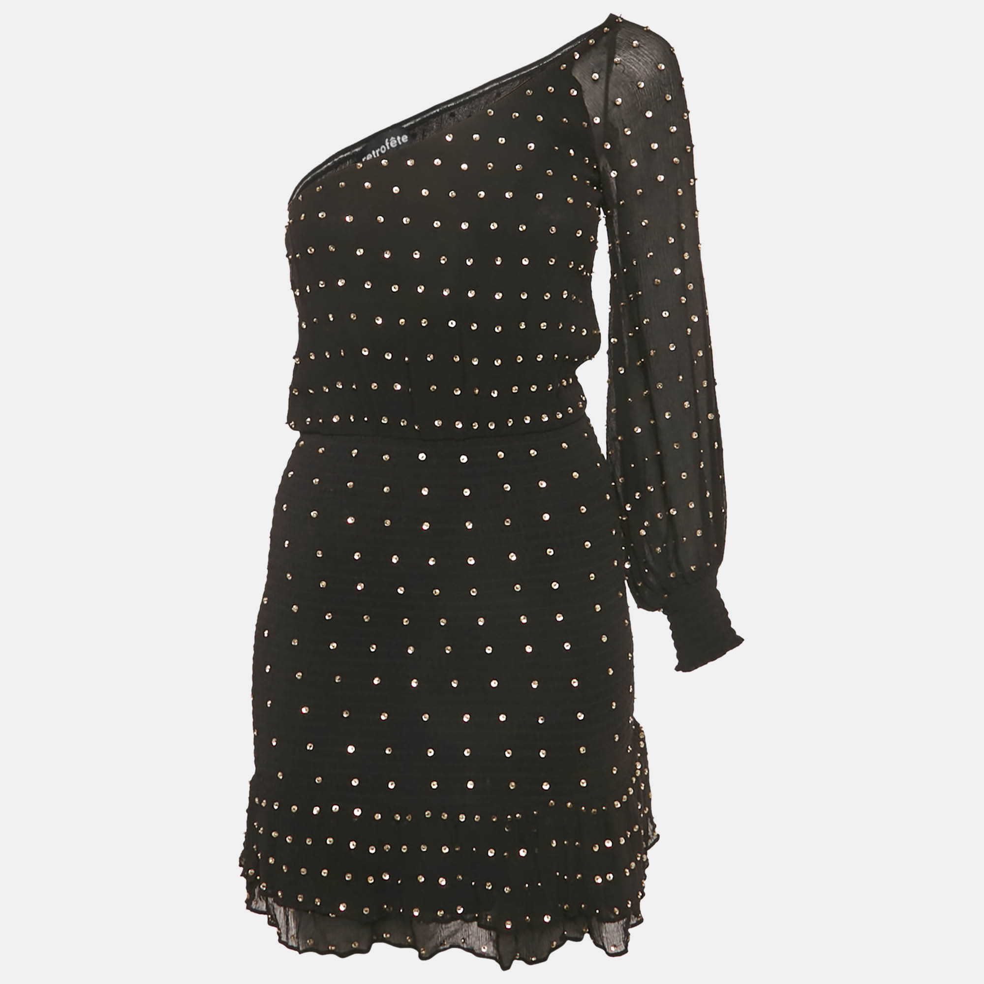 

Retrofete Black Sequin Embellished Silk One Shoulder Mini Dress XS