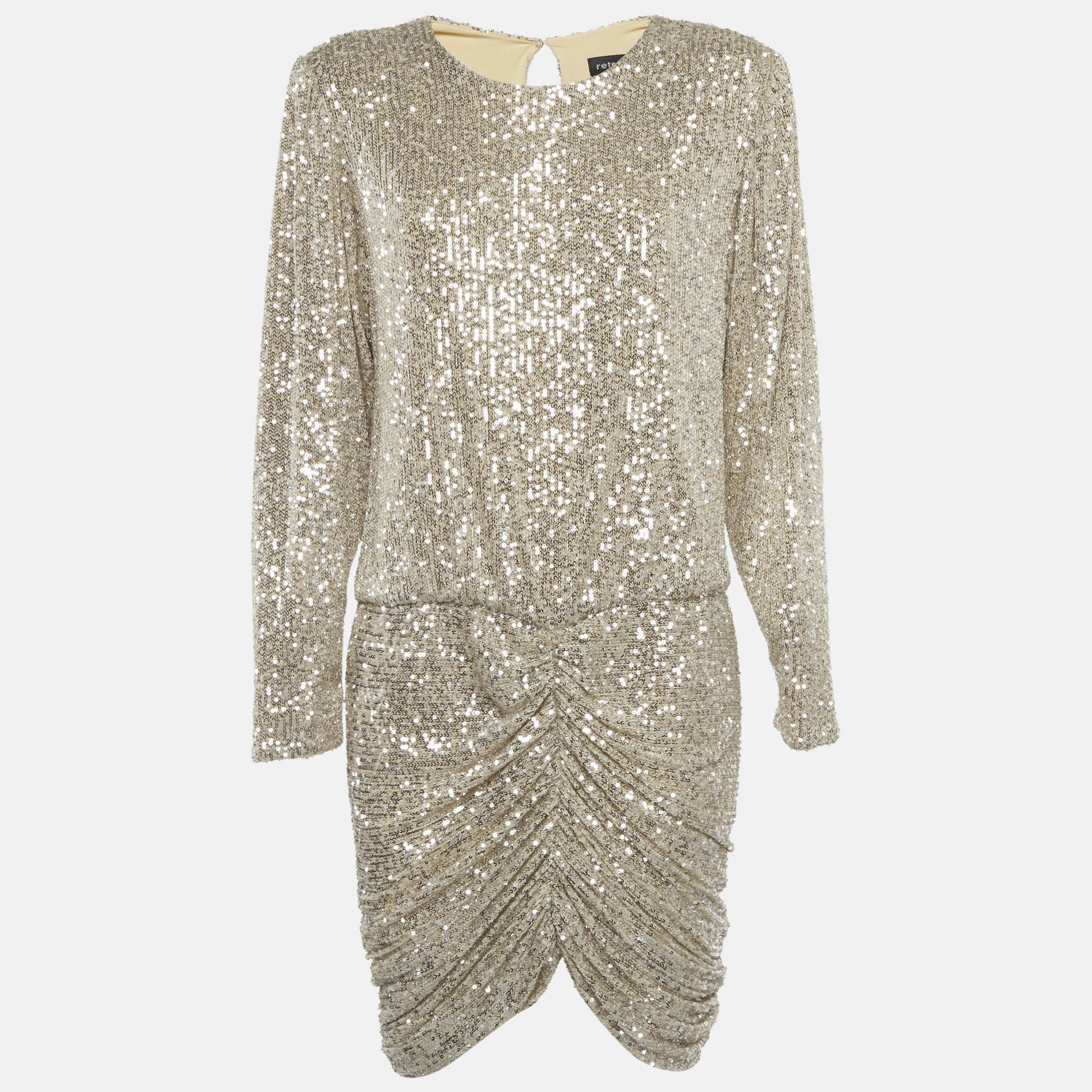 

Retrofete Silver Sequin Jersey Flynn Ruched Mini Dress L, Beige