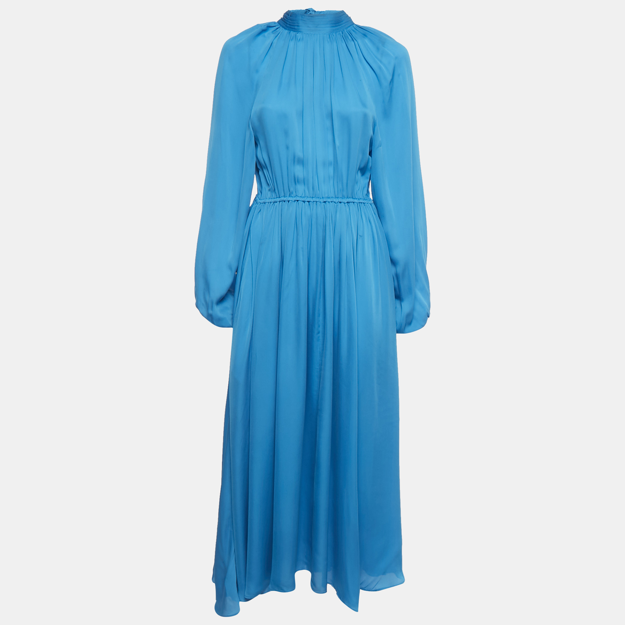 Pre-owned Rhode Blue Crepe Mock Neck Tie Up Midi Dress S