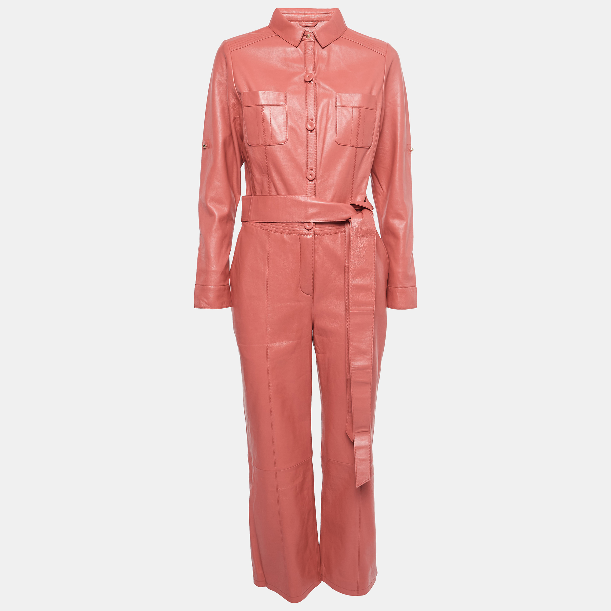 

Richards Radcliffe Pink Leather Belted Cropped Jumpsuit