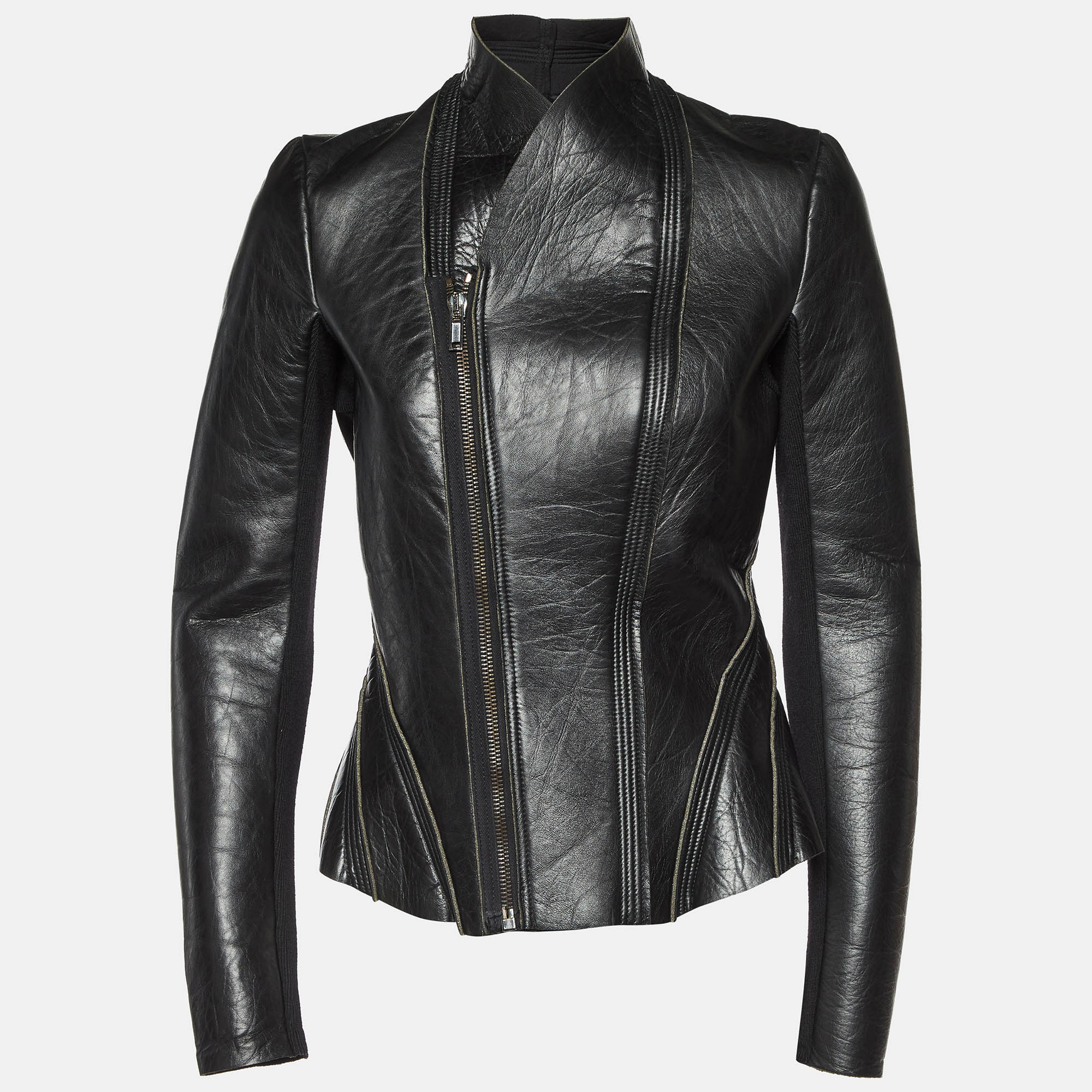 

Rick Owens Black Leather Zip-Up Knit Paneled Biker Jacket M