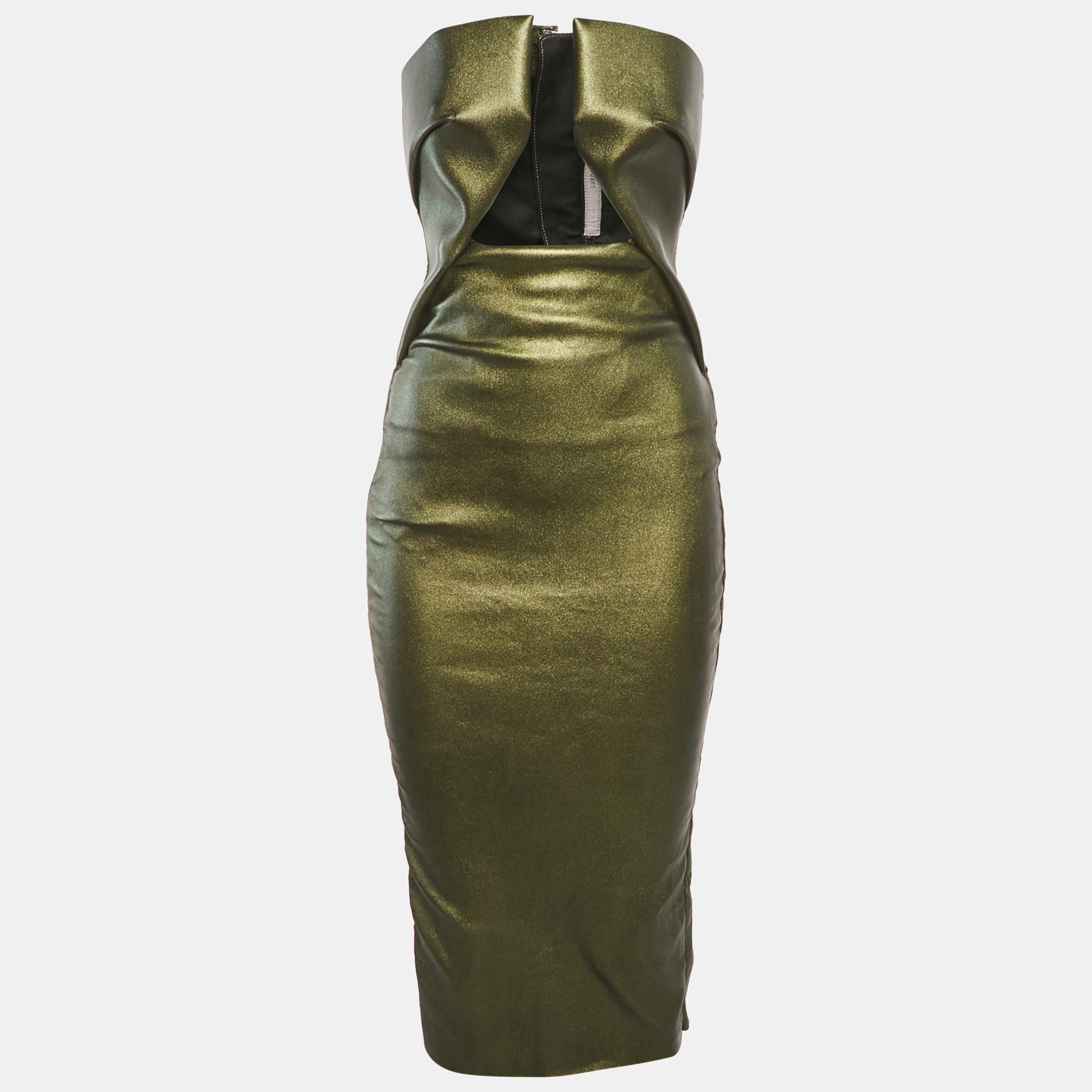 

Rick Owens Shimmery Green Leather Strapless Midi Dress M