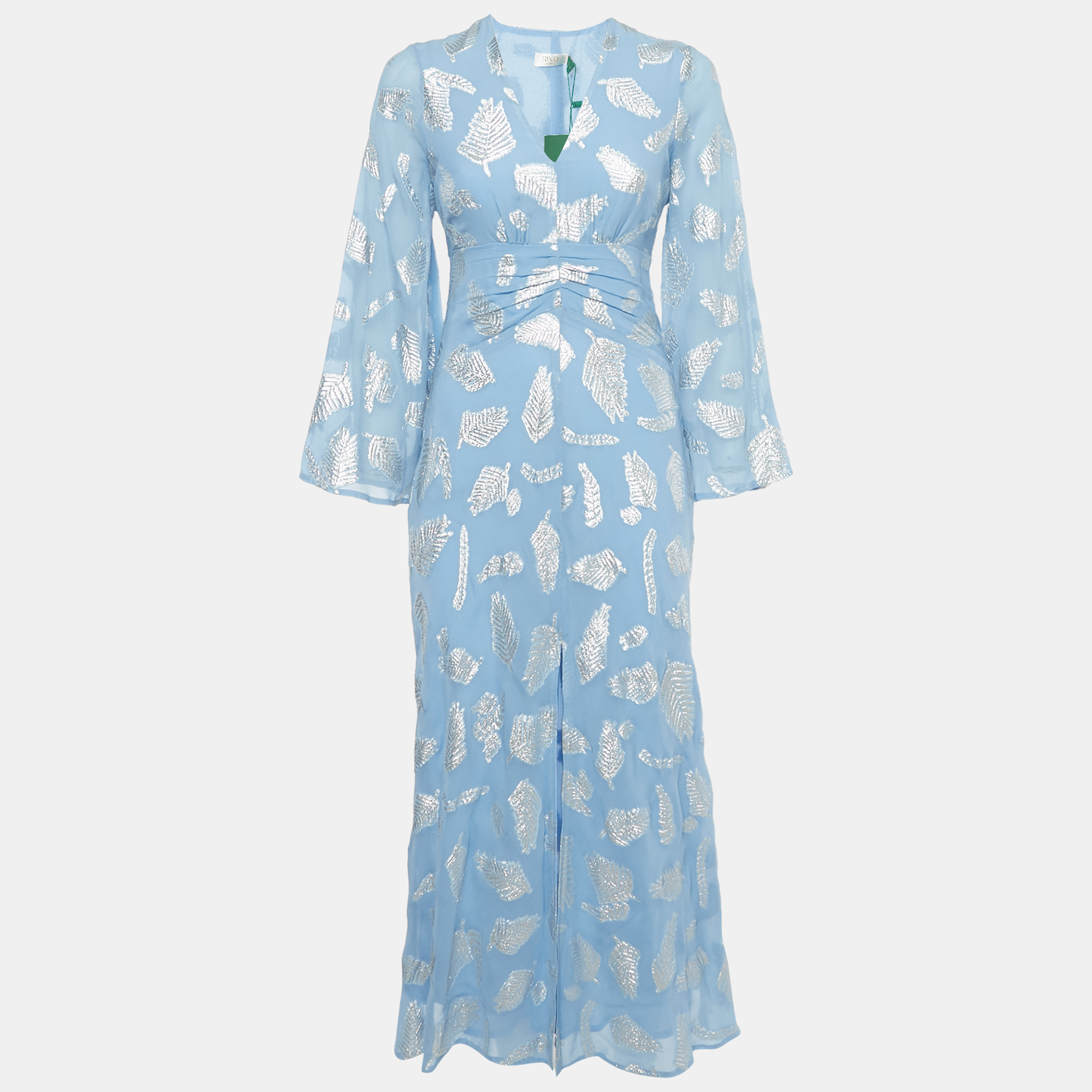 Rixo Simone Blue Lurex Brocade Crepe V-Neck Long Dress XXS