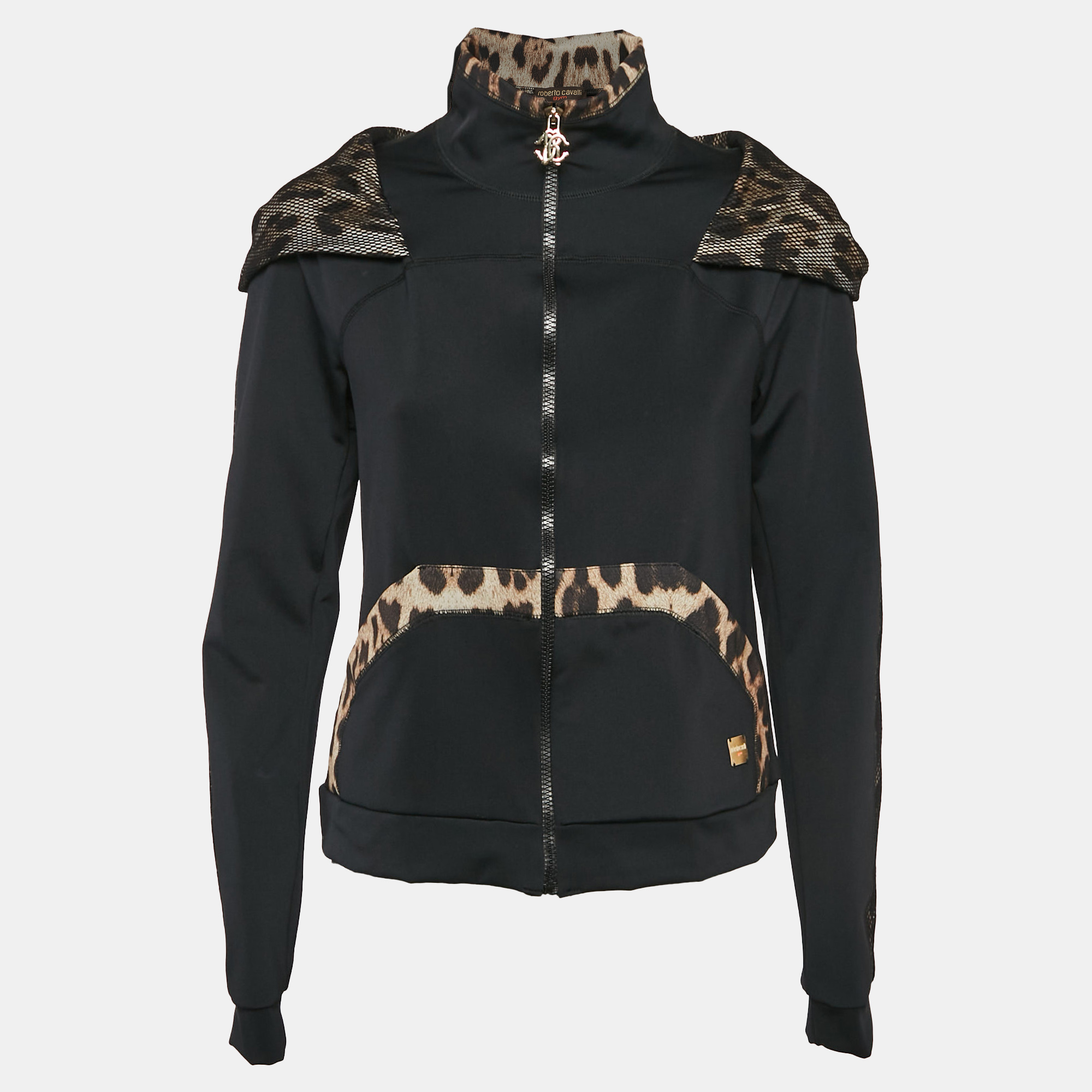 

Roberto Cavalli Gym Black Jersey Animal Print Trim Hooded Jacket M