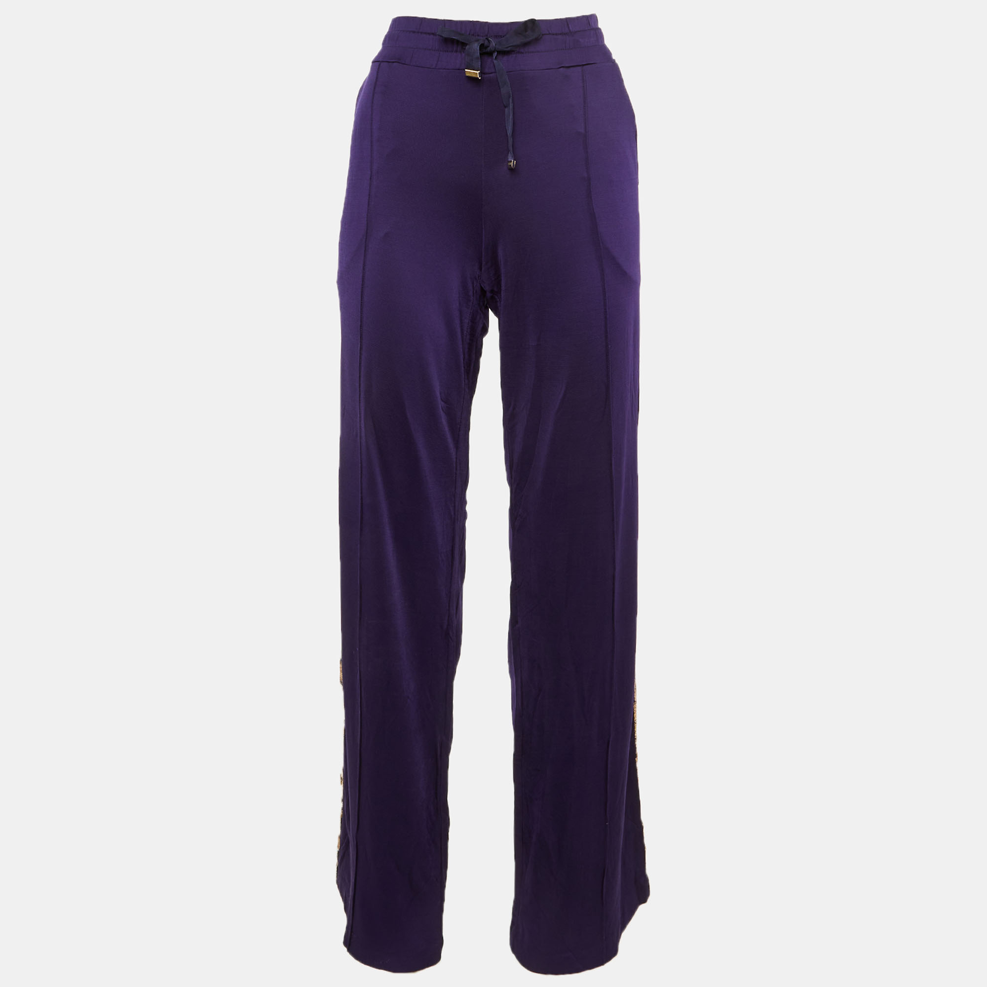 

Roberto Cavalli Gym Purple Crepe Side Sequin Trim Trousers L