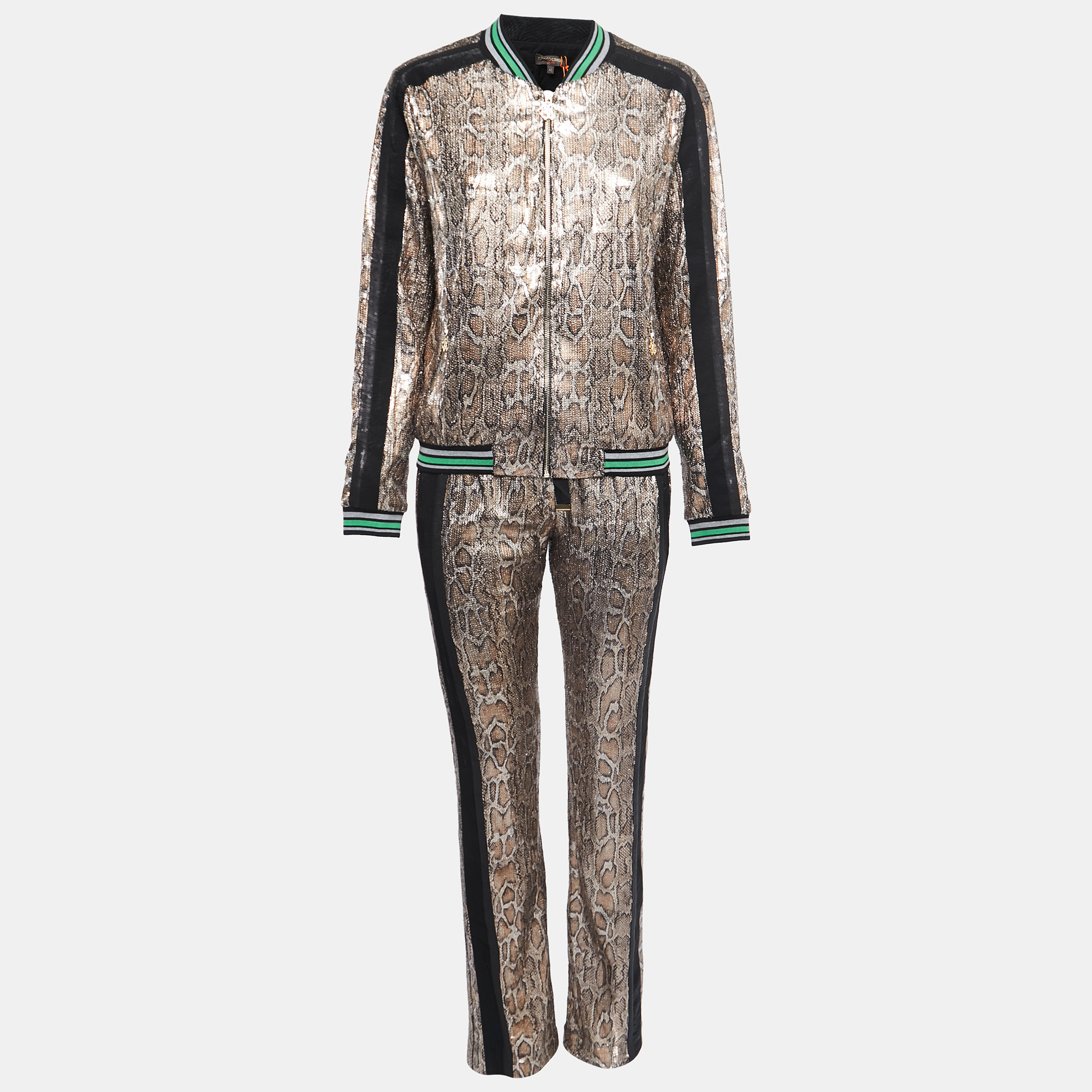 Roberto Cavalli Gym Metallic Gold Snakeskin Patterned Sequin Sweatshirt Jogger Set M/L