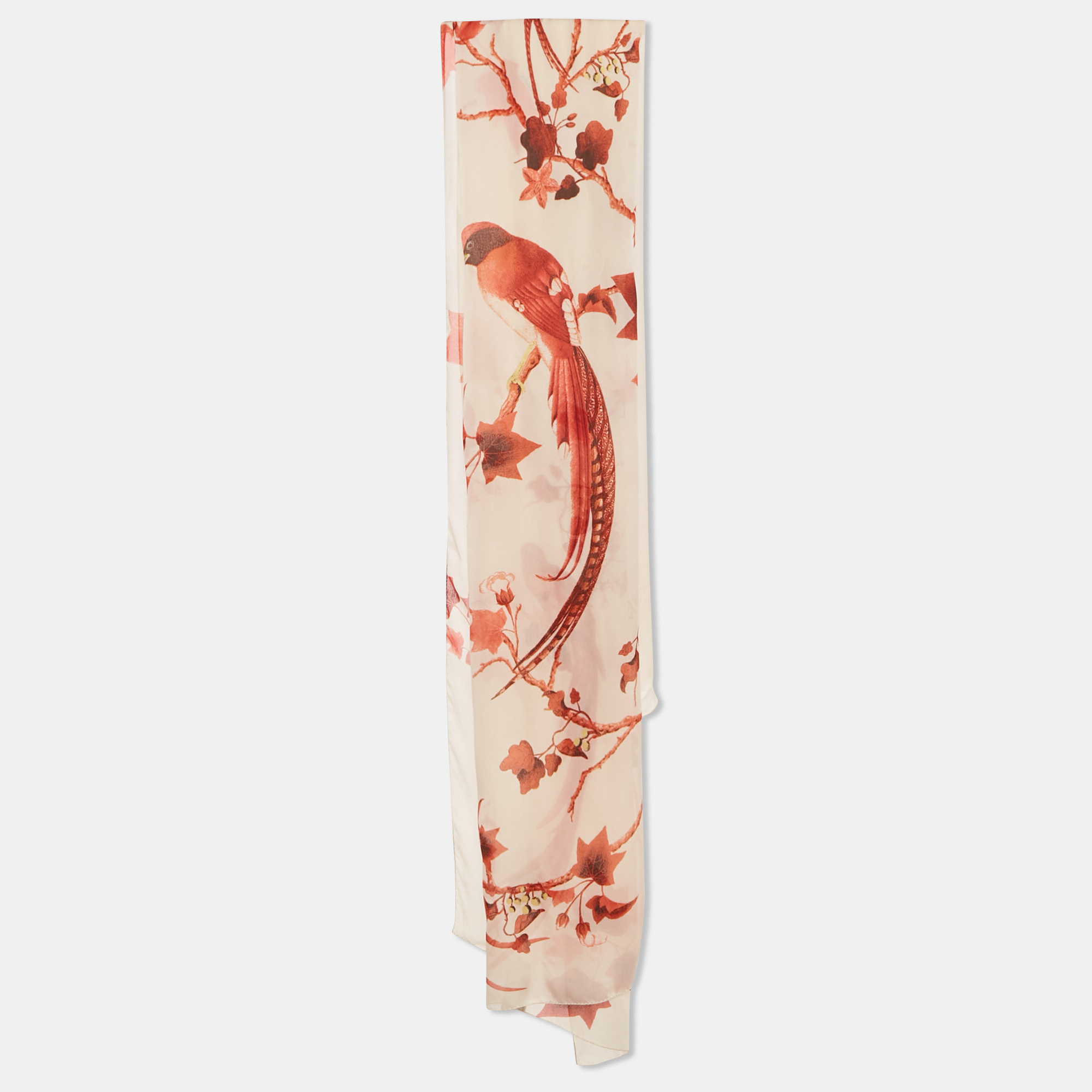 Pre-owned Roberto Cavalli Cream Bird And Leave Print Silk Rectangular Stole In White