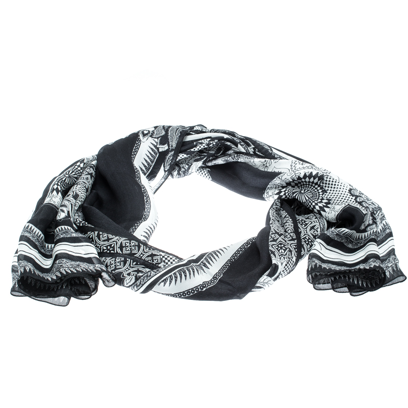 Pre Owned Roberto Cavalli Monochrome Printed Silk Chiffon Stole