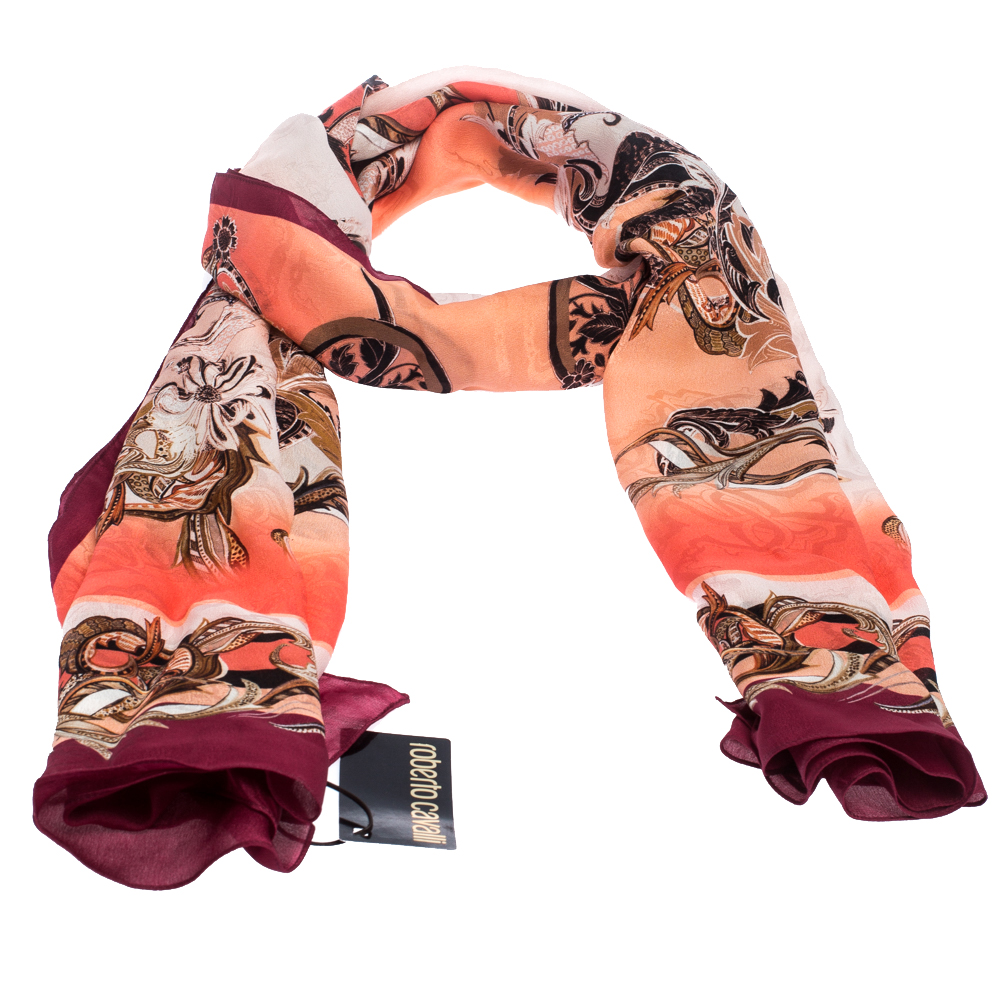 

Roberto Cavalli Coral Pink Floral Print Silk Scarf