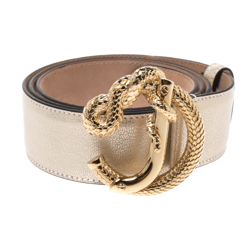 

Roberto Cavalli Metallic Gold Leather Snake Buckle Belt