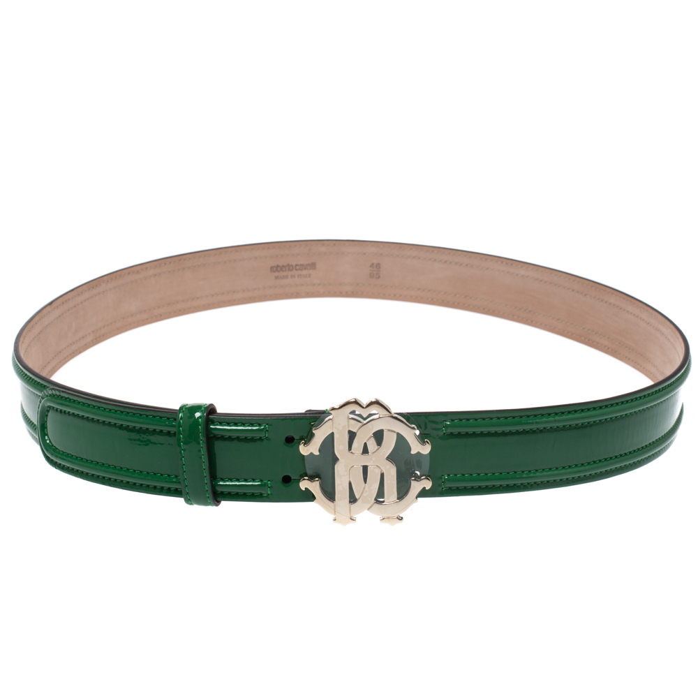 Pre Owned Roberto Cavalli Green Patent Leather Logo Buckle Belt 95CM