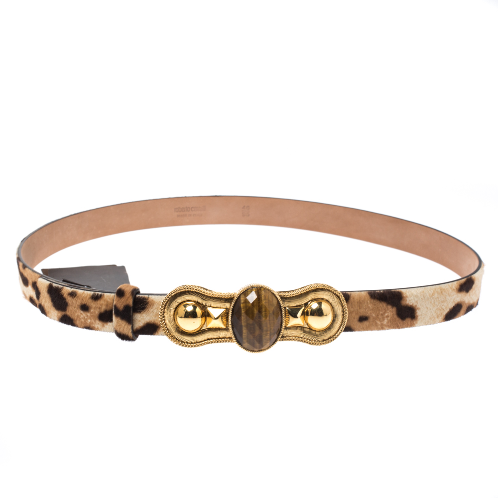 Pre Owned Roberto Cavalli Leopard Print Pony Hair Ribbon Buckle Belt 95CM