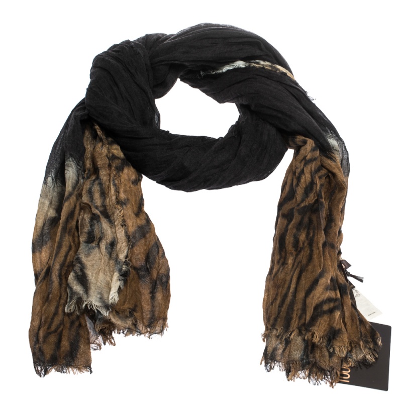 

Roberto Cavalli Black & Brown Animal Print Cashmere Blend Scarf